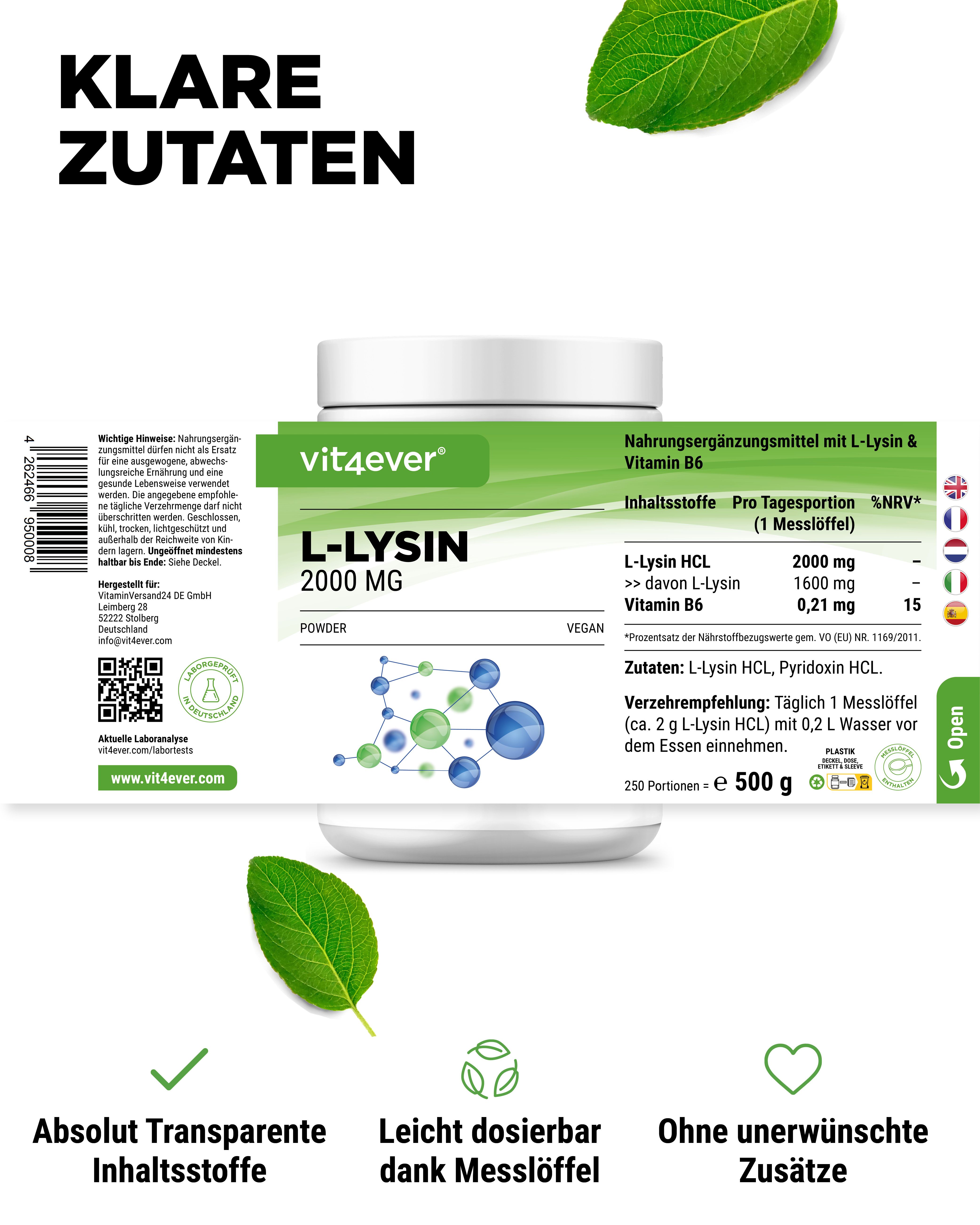 Produktglas mit Etikett, Aufschrift L-Lysin 2000 MG, Marke vit4ever. Inhaltsstoffe, Dosierung, vegan.