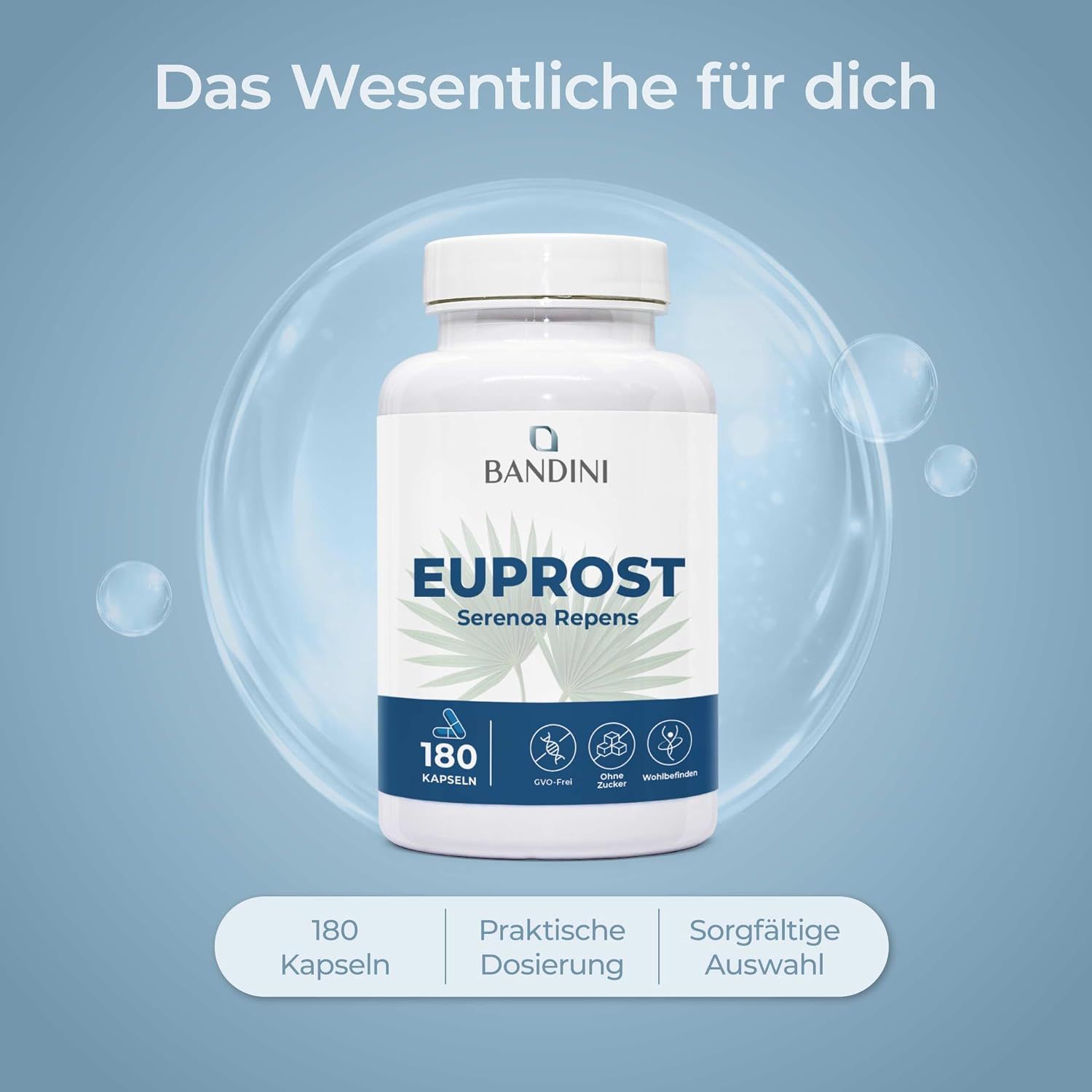 Bandini Euprost Kapseln in einer Flasche, umgeben von Blasen, mit Text zu praktischer Dosierung.