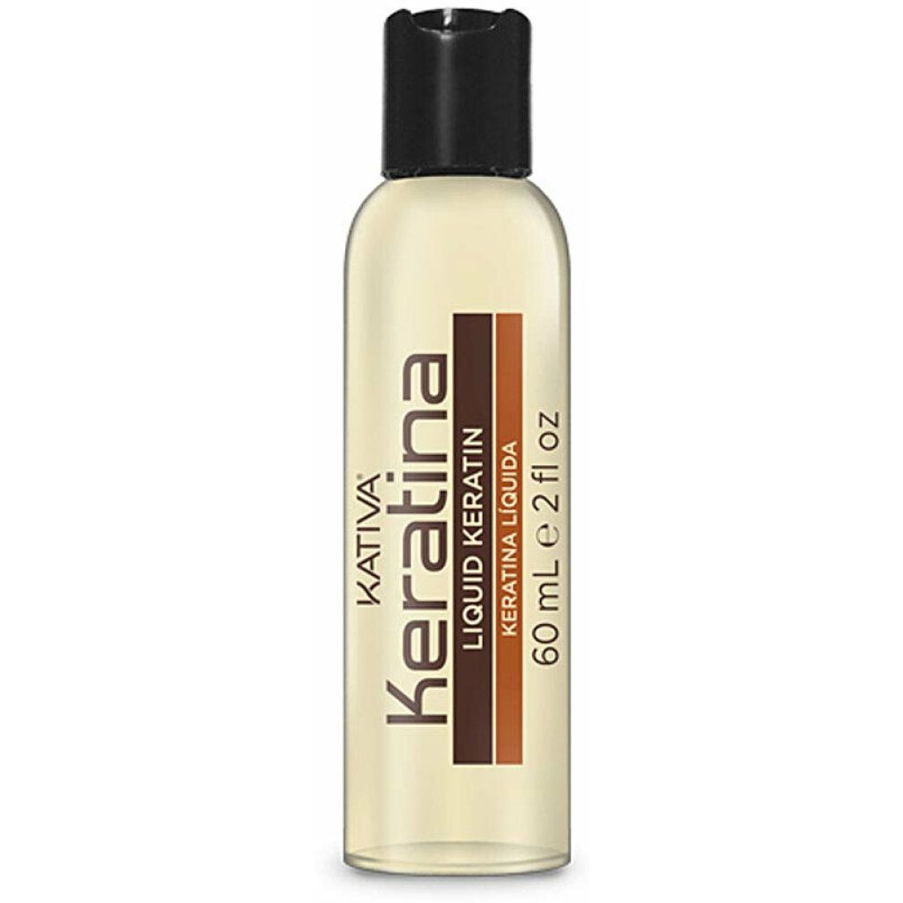 Flasche mit Flüssigkeit. Aufschrift: Kativa Keratina Liquid Keratin. 60 ml e 2 fl oz. Schwarzer Deckel.