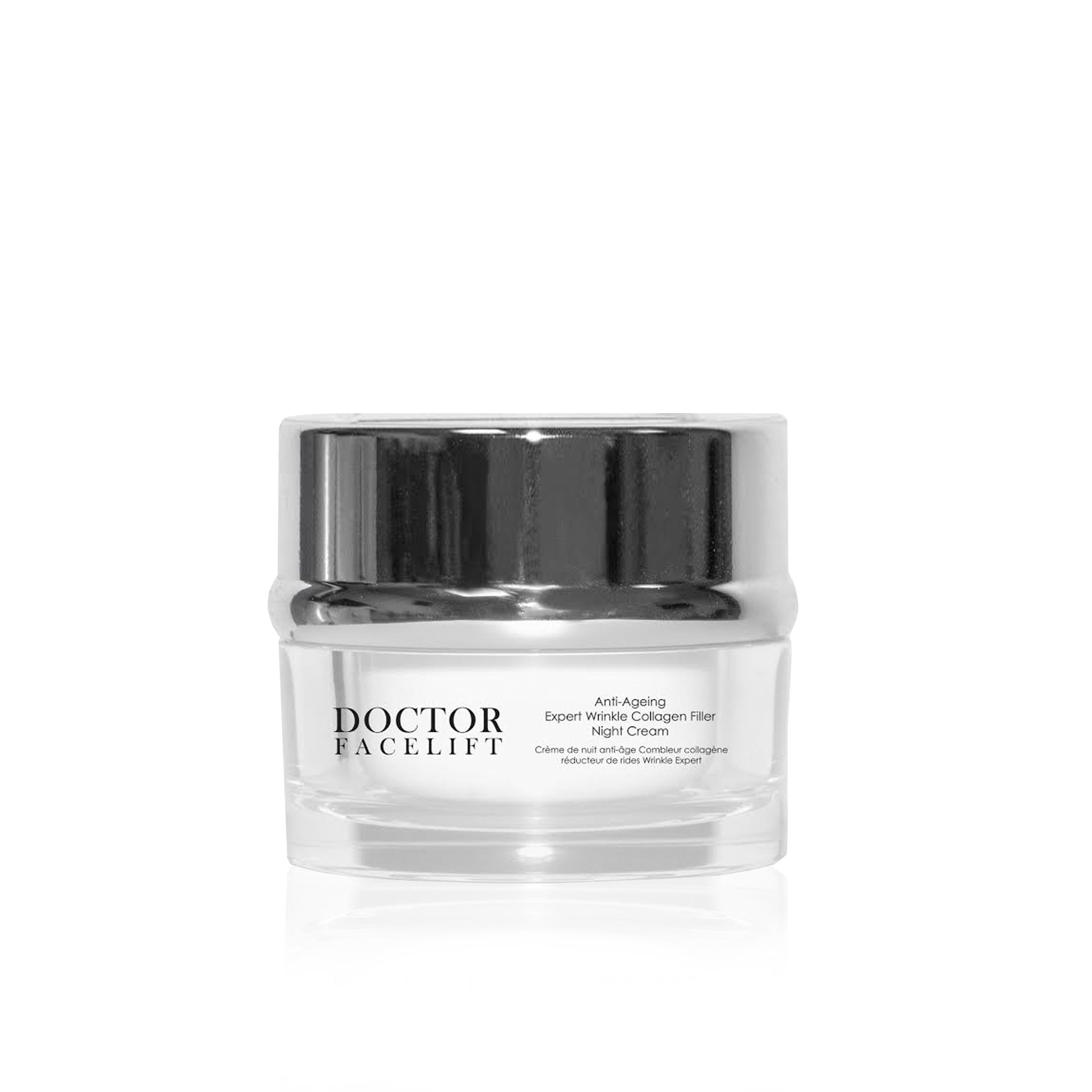 Glascreme mit silbernem Deckel. Aufschrift: Anti-Ageing Expert Wrinkle Collagen Filler Night Cream.