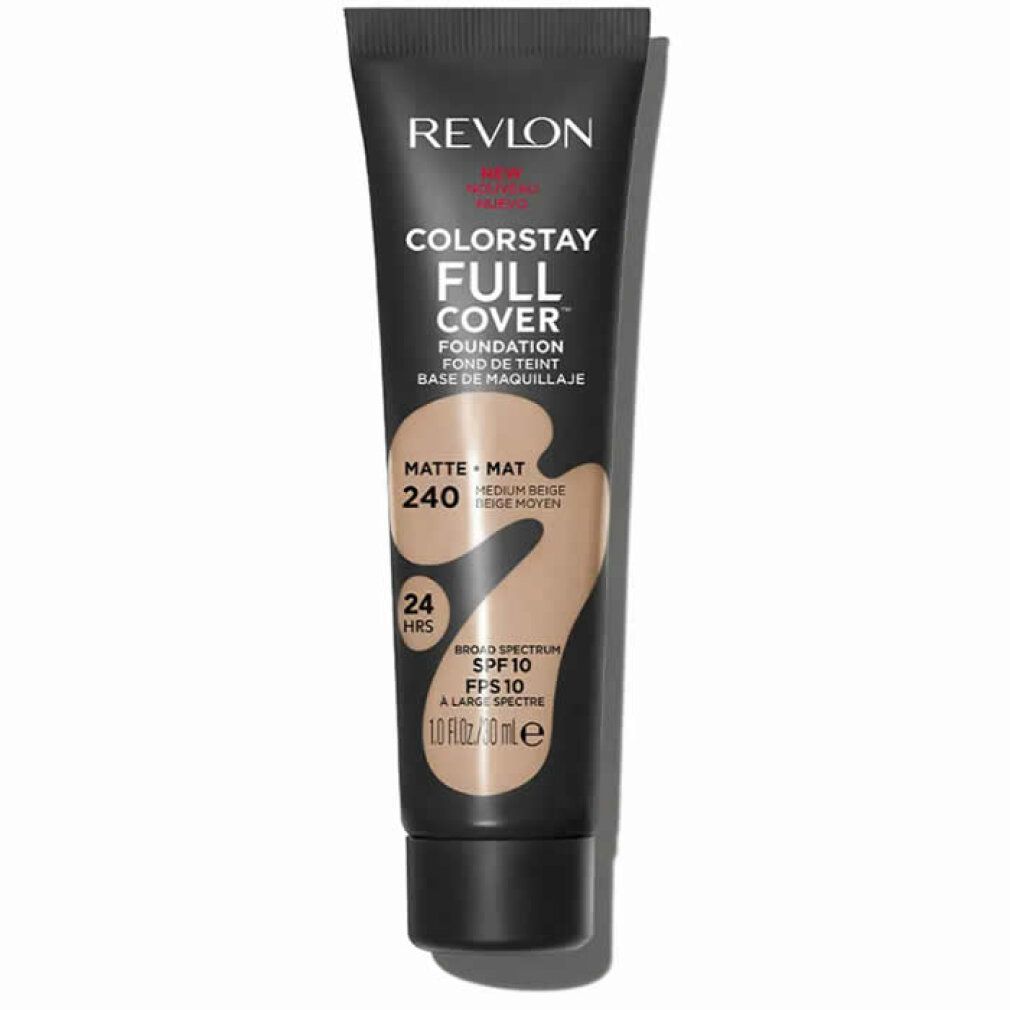 Revlon Colorstay Full Cover Foundation, Tube, Farbton 240 Medium Beige. Schwarze Tube mit Produktinformationen und Farbabbildung.