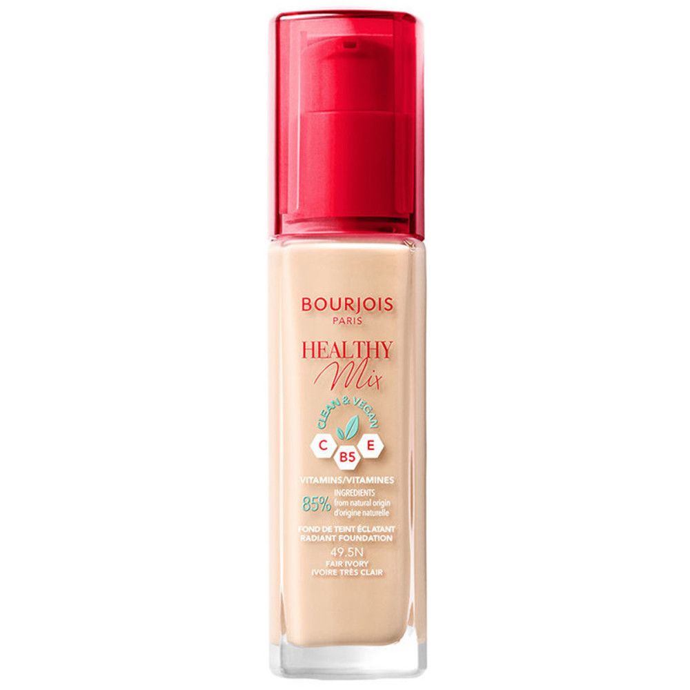 Bourjois Healthy Mix Foundation-Flakon. Beige Flüssigkeit, roter Pumpverschluss. Etikett mit Text.