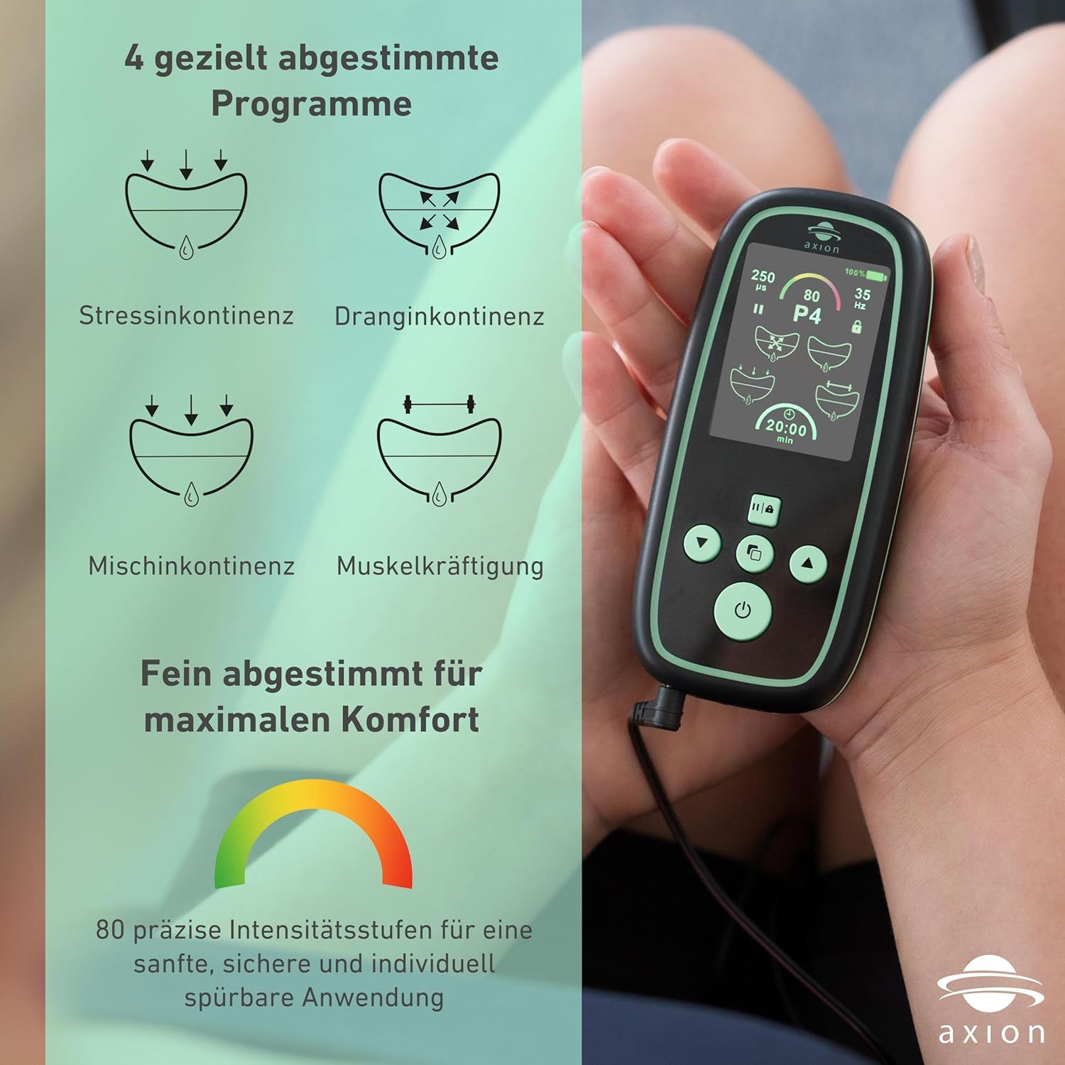 axion® I-3000 Beckenbodentrainer mit Display. 4 Programme für Inkontinenz und Muskelkräftigung. Farbverlauf.