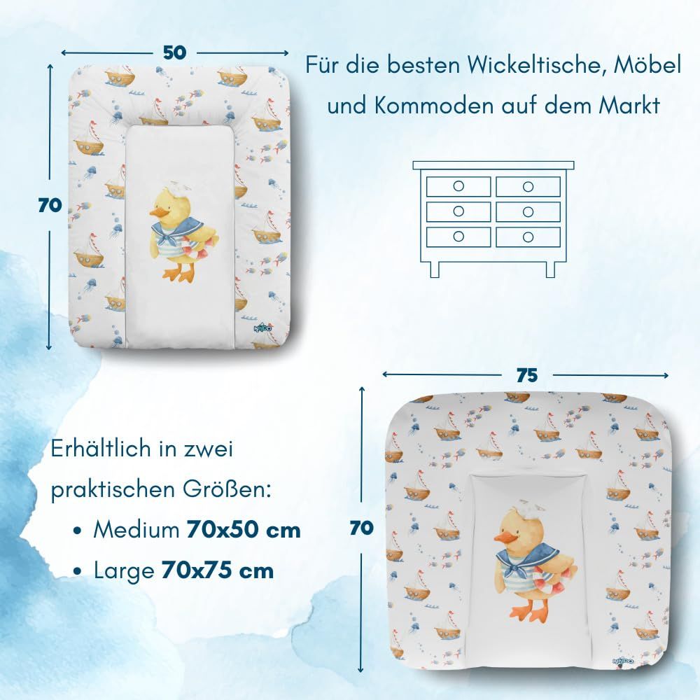 Zwei Wickelauflagen mit Entenmotiv und Größenangaben: 70x50cm und 70x75cm. Illustration einer Kommode.
