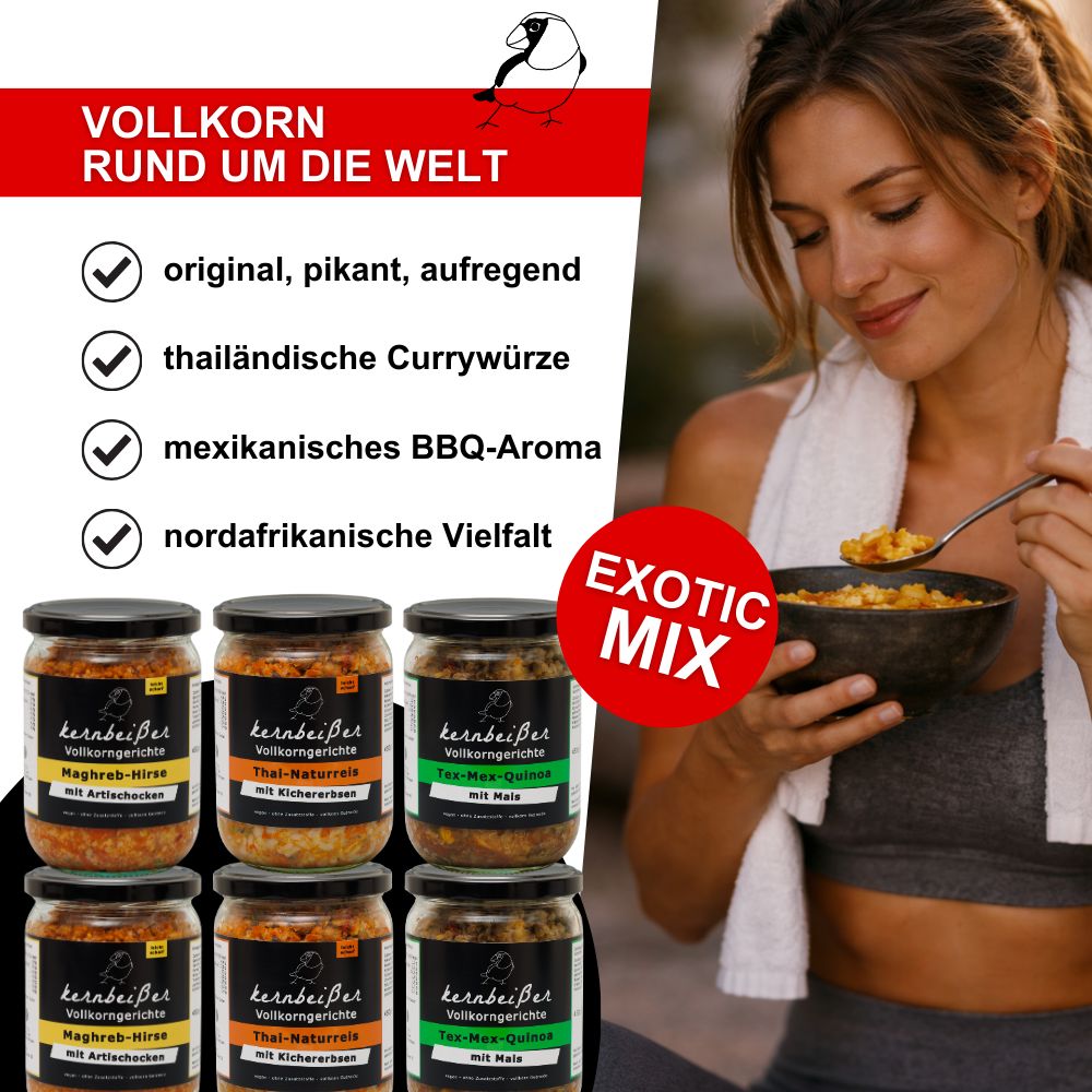 Frau isst aus einer Schale. Sechs Gläser Kernbeißer Vollkorngerichte. Text: Exotic Mix, original, pikant, thailändisch, mexikanisch, nordafrikanisch.