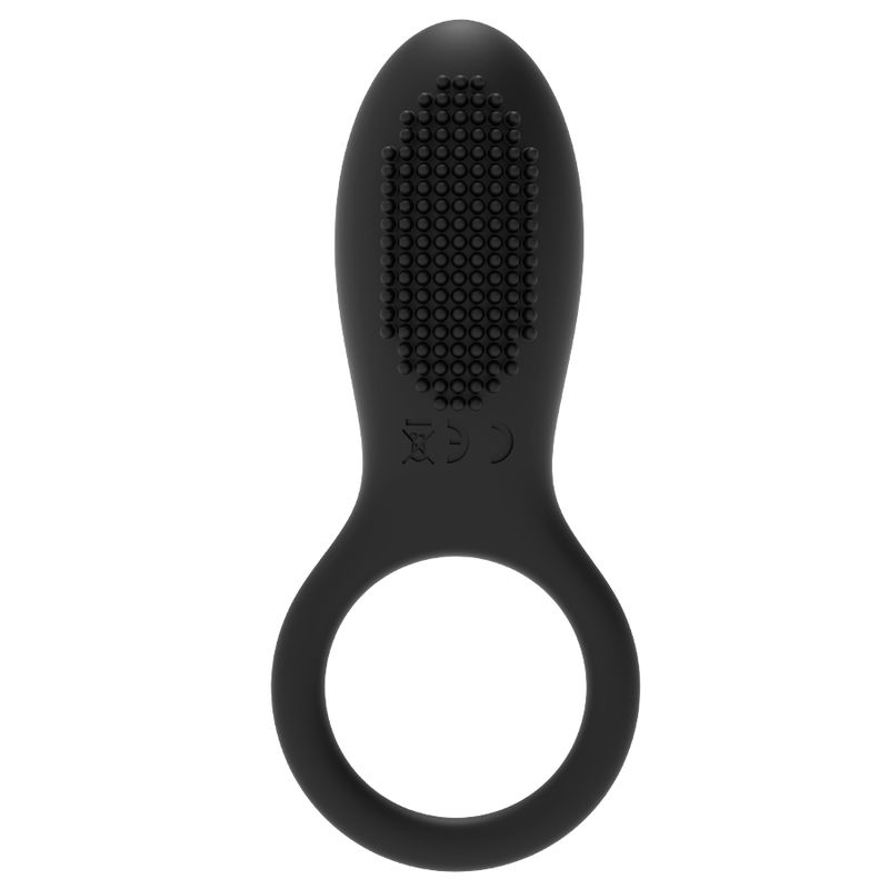 Schwarzer Vibrationsring mit erhabener Textur auf dem oberen Teil und Ring. CE-Kennzeichnung.