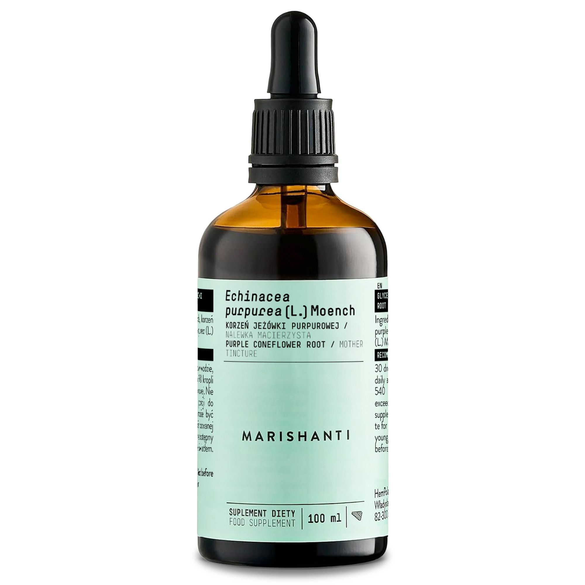 Braune Glasflasche mit Pipettenverschluss, 100 ml, mit Etikett für Marishanti Echinacea.