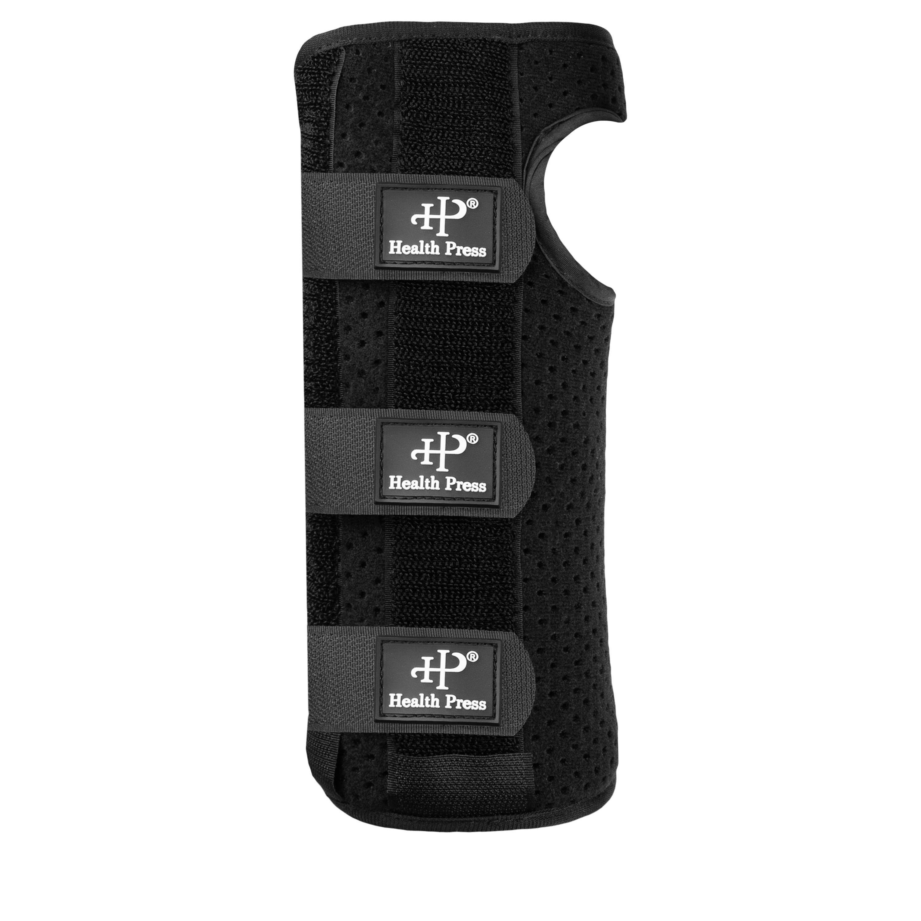 Schwarze Handgelenkbandage mit Klettverschlüssen. Logo "HP Health Press" auf den Verschlüssen. Perforiertes Material.