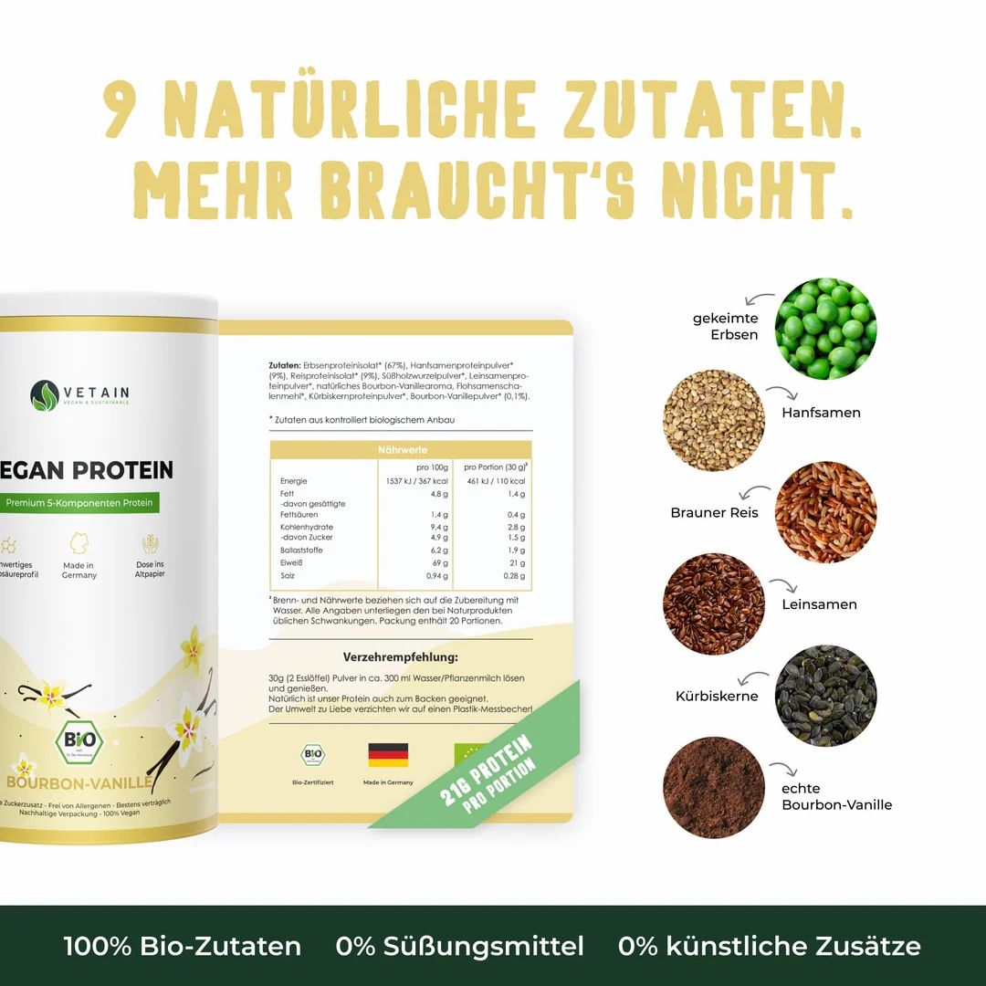Dose "VEGAN PROTEIN" neben geöffneter Packung mit Zutaten. Text: "9 natürliche Zutaten". Zutaten: Erbsen, Hanfsamen, Reis, Leinsamen, Kürbiskerne.