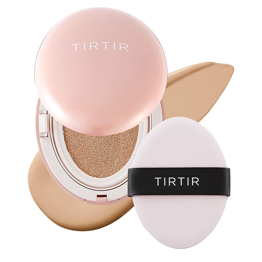 TIRTIR Mask Fit All Cover Cushion in rosa Dose mit Applikator und Foundation-Probe.