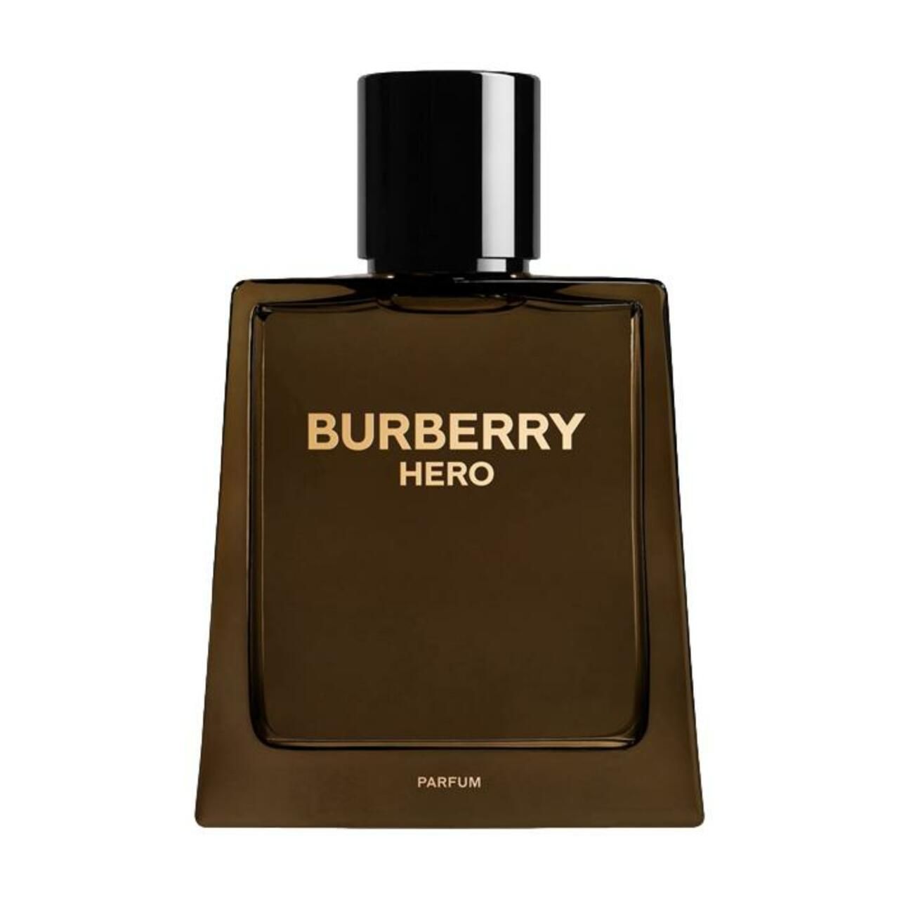 Burberry Hero Parfum Nat. Spray. Braune Flasche mit schwarzem Verschluss. Goldener Schriftzug.