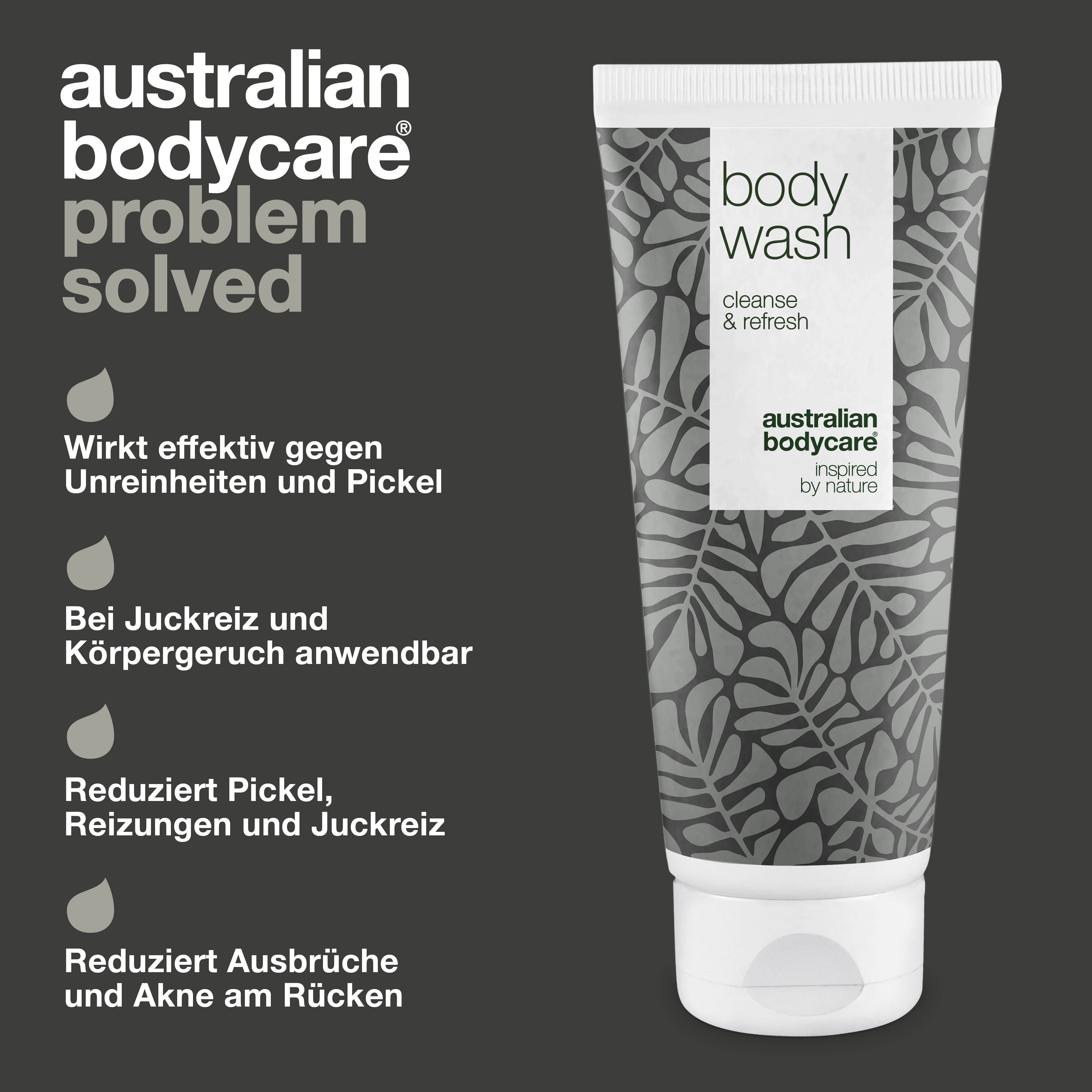 Tube mit „body wash“ und „australian bodycare“ Aufdruck. Text: „Wirkt effektiv gegen Unreinheiten und Pickel“.