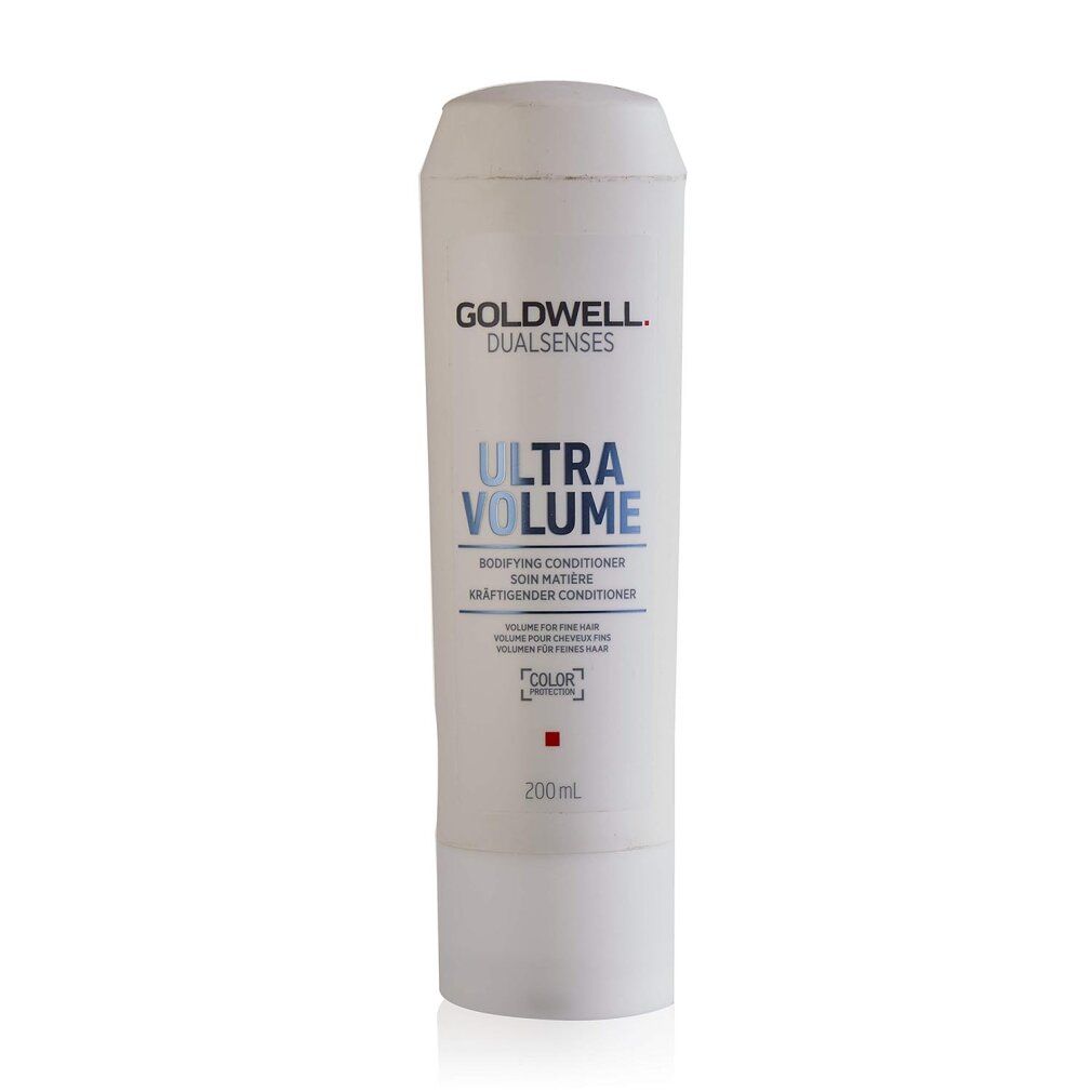 Goldwell Dual Senses Ultra Volume Conditioner. Weiße Flasche mit blauer Schrift. Enthält 200 ml. Für feines Haar.
