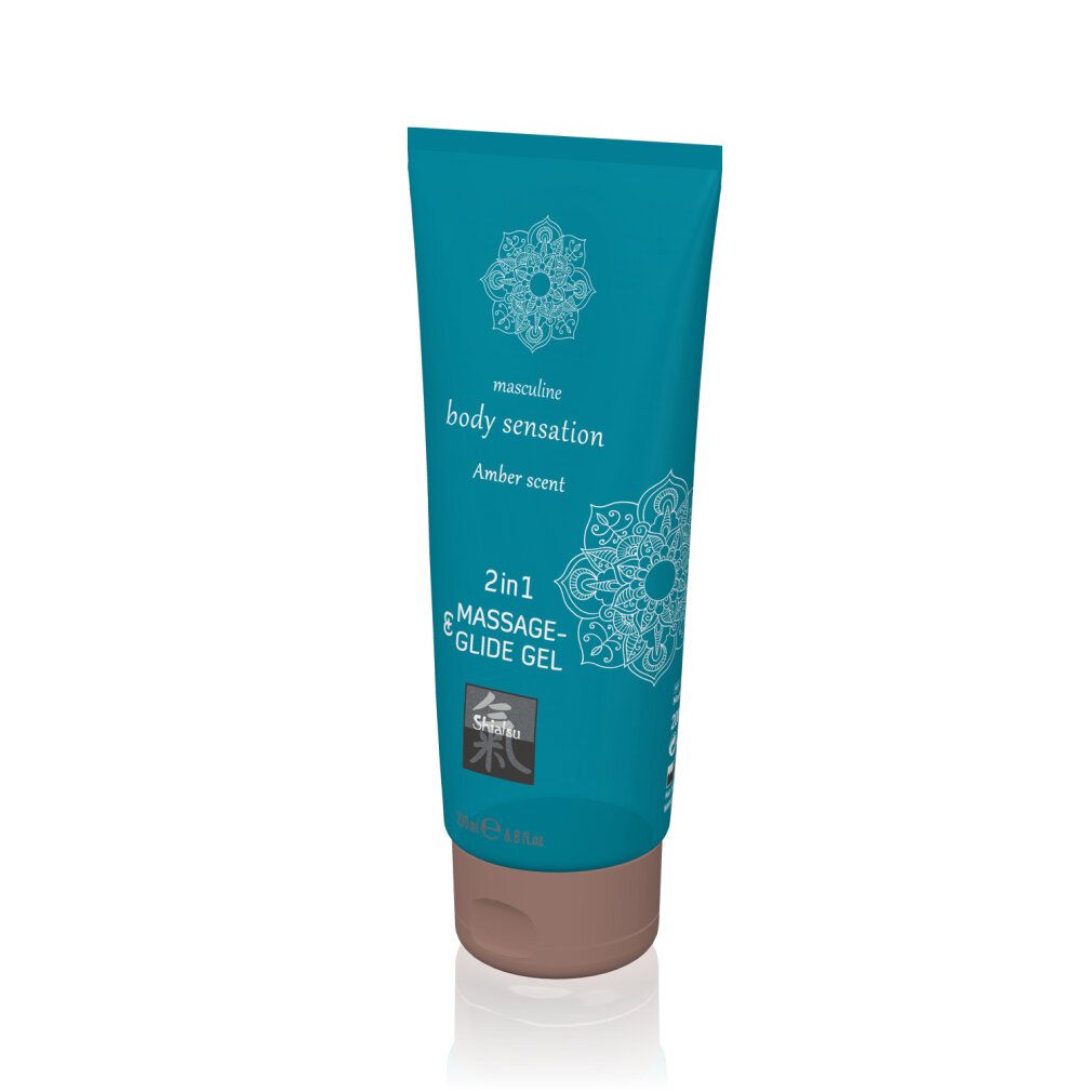Türkisfarbene Tube mit braunem Verschluss. Aufschrift: body sensation, Amber scent, 2in1 Massage- & Glide Gel.