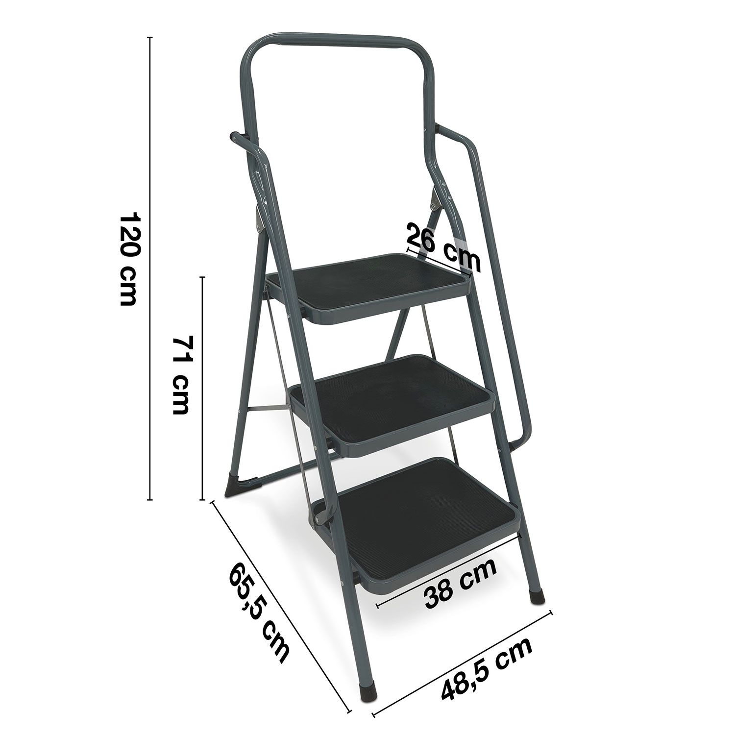 Graue Leiter mit 3 Stufen. Maße: 120 cm hoch, 65,5 cm breit, 48,5 cm tief, 26 cm Trittfläche.