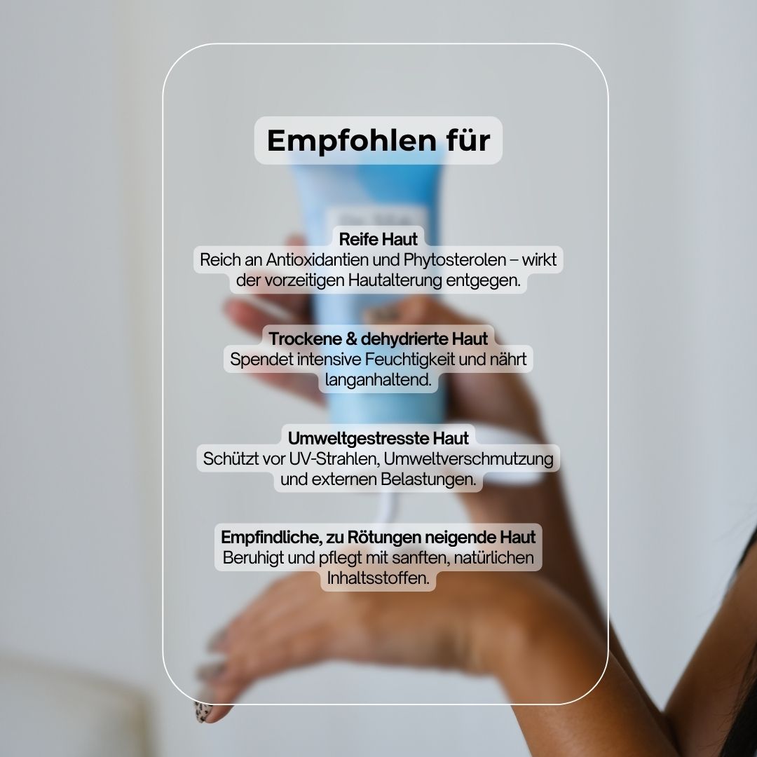 Text auf transparentem Hintergrund. Empfohlen für: reife, trockene, umweltgestresste und empfindliche Haut.