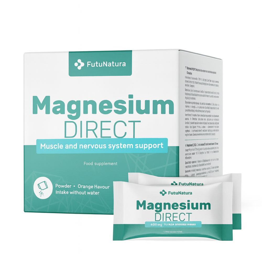 Schachtel und Beutel mit der Aufschrift Magnesium DIRECT. Produktname und Logo FutuNatura.