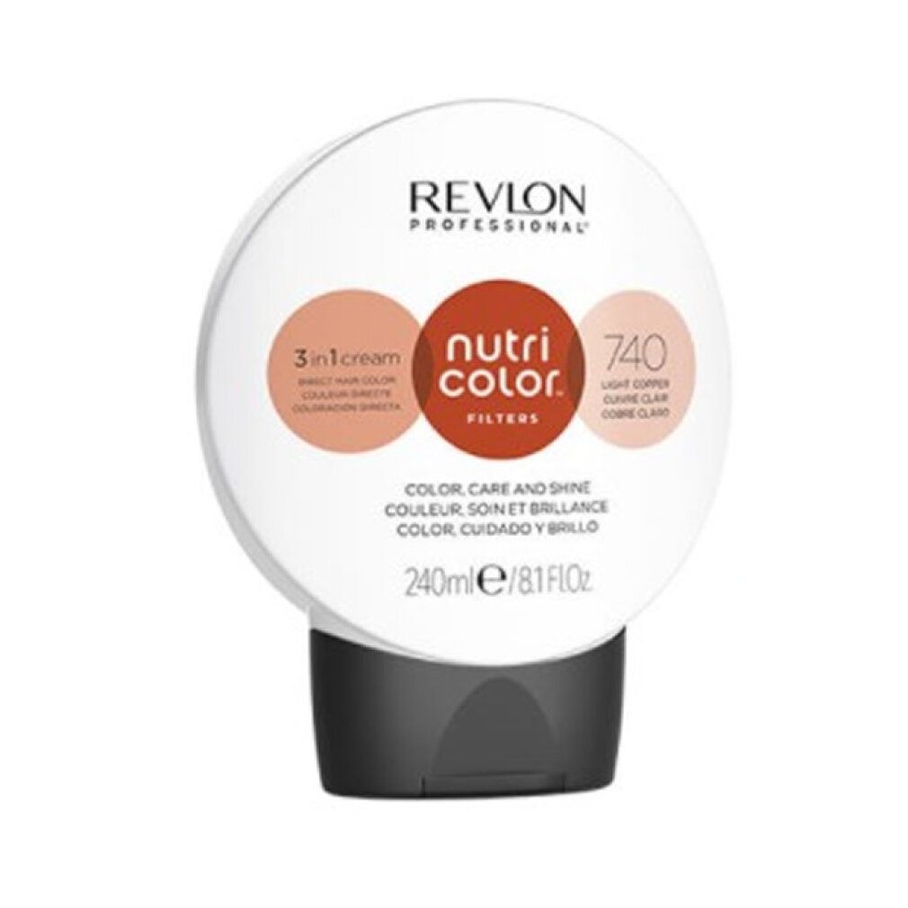Weiß-schwarze Tube. Aufschrift: Revlon Professional, Nutri Color Filters 740. 3-in-1 Cream. 240ml/8.1 Fl Oz. Light Copper.