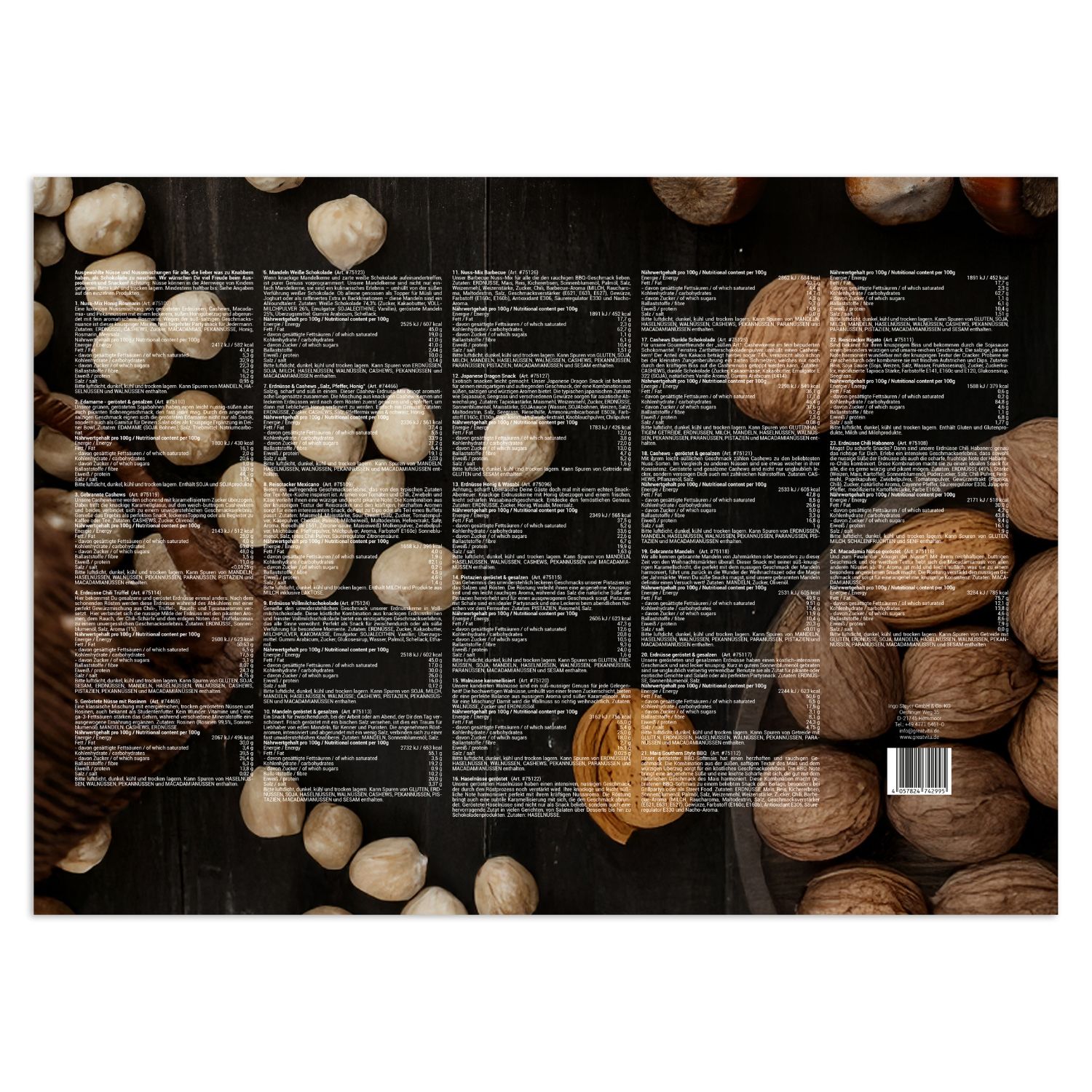 Rückseite des Adventskalenders mit Nüssen. Text und Barcode. Nüsse und Walnüsse auf schwarzem Hintergrund.