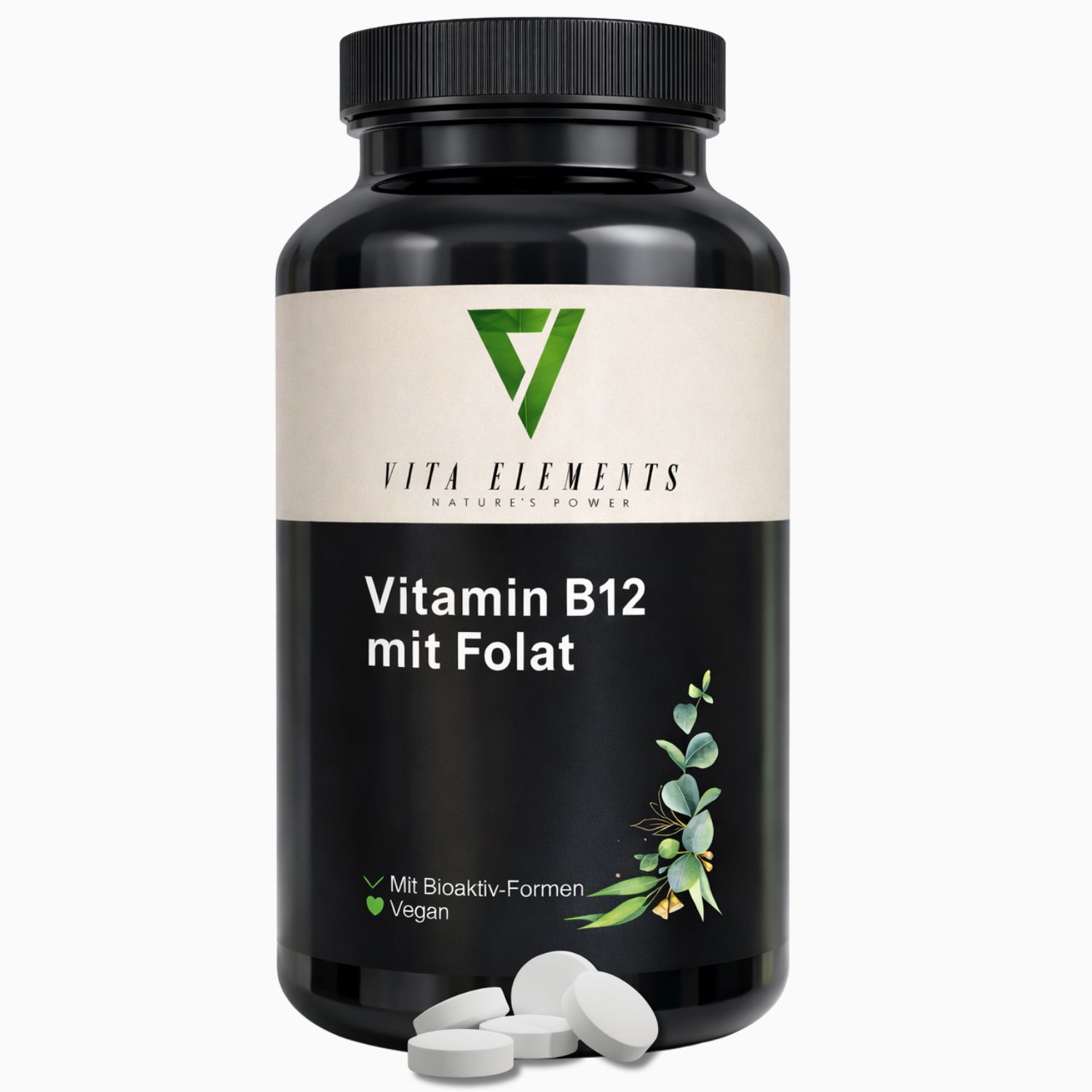 Vita Elements Vitamin B12 mit Folat, schwarze Dose mit Etikett, drei Tabletten daneben.