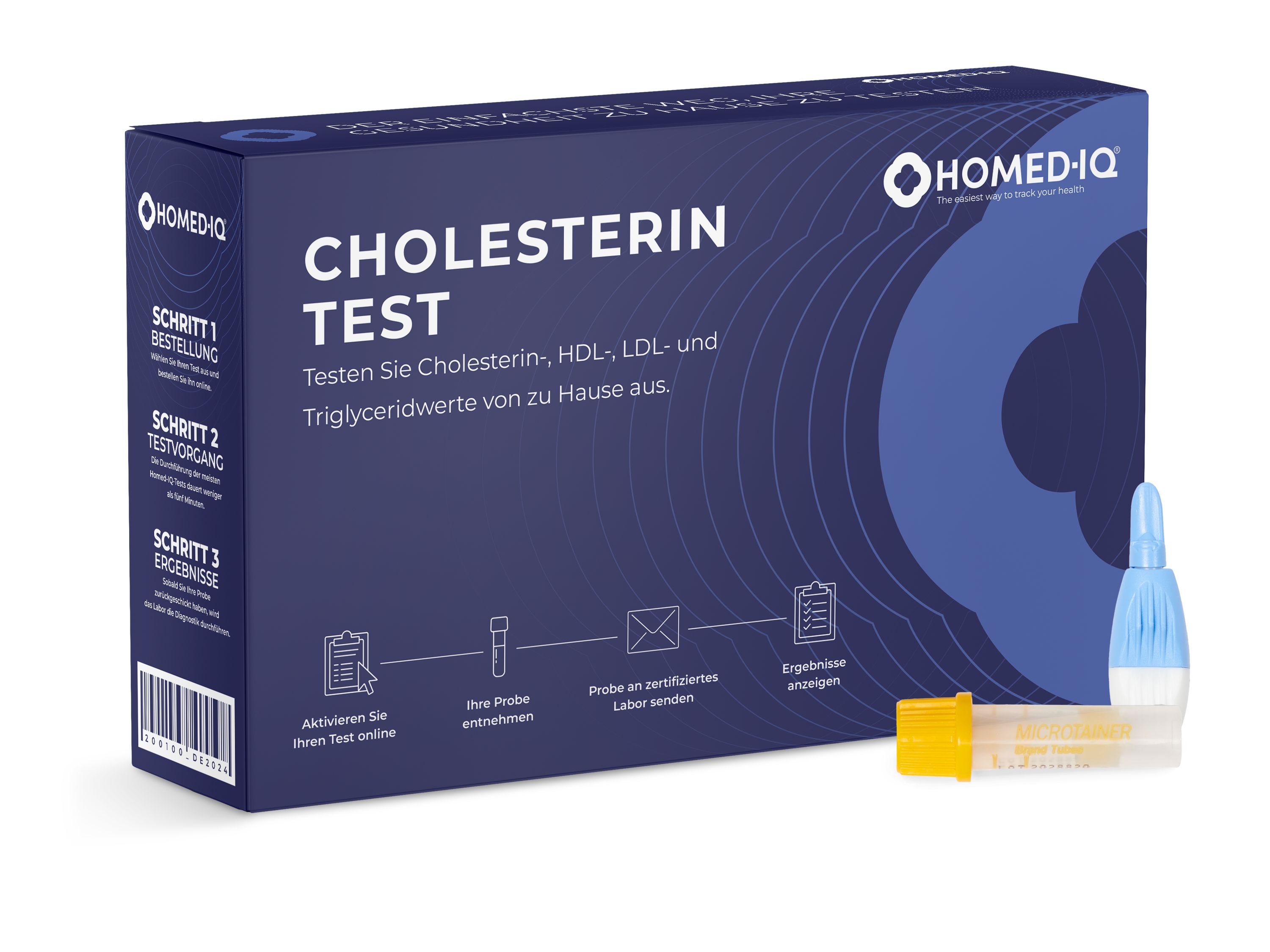Blau-weiße Verpackung mit HOMED-IQ-Logo und "Cholesterin Test"-Aufdruck. Enthält Teströhrchen und Anweisungen. Test zur Cholesterinmessung.
