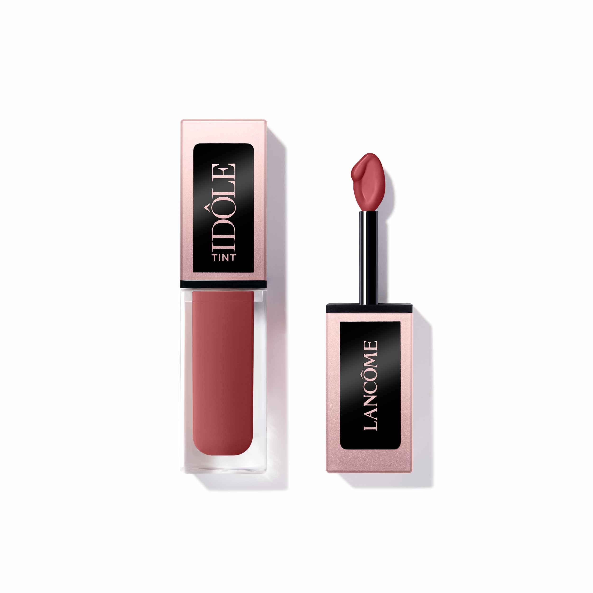 Flakon und Applikator von Lancôme Idôle Tint. Schwarzer Deckel mit weißem Text.