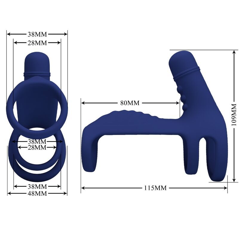 Blauer Vibrationsring mit Verlängerung. Maße: 115x109mm. Zwei Ringe. Oben ein Vibrationsaufsatz.