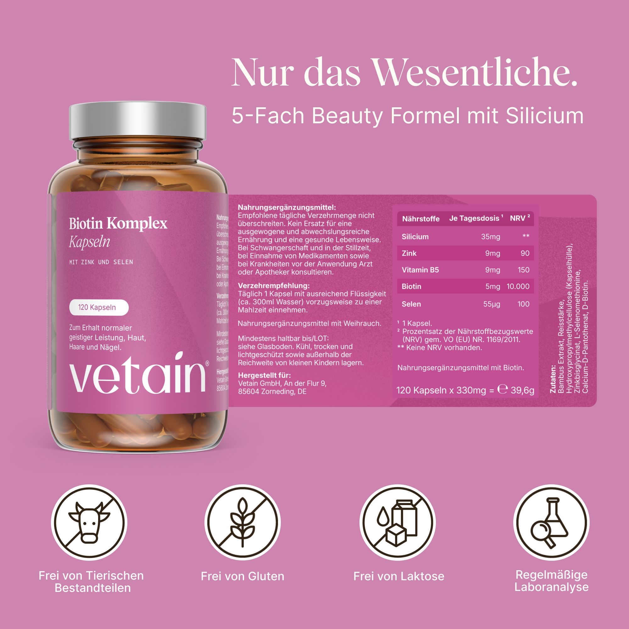 Flasche VETAIN Biotin Komplex Kapseln mit Nährwerttabelle und Siegeln: Frei von Tierischen Bestandteilen, Gluten, Laktose.
