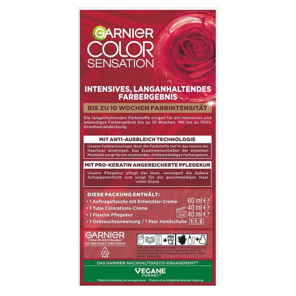 Garnier Color Sensation Haarfärbemittel-Verpackung mit Rosenmotiv und Produktinformationen.