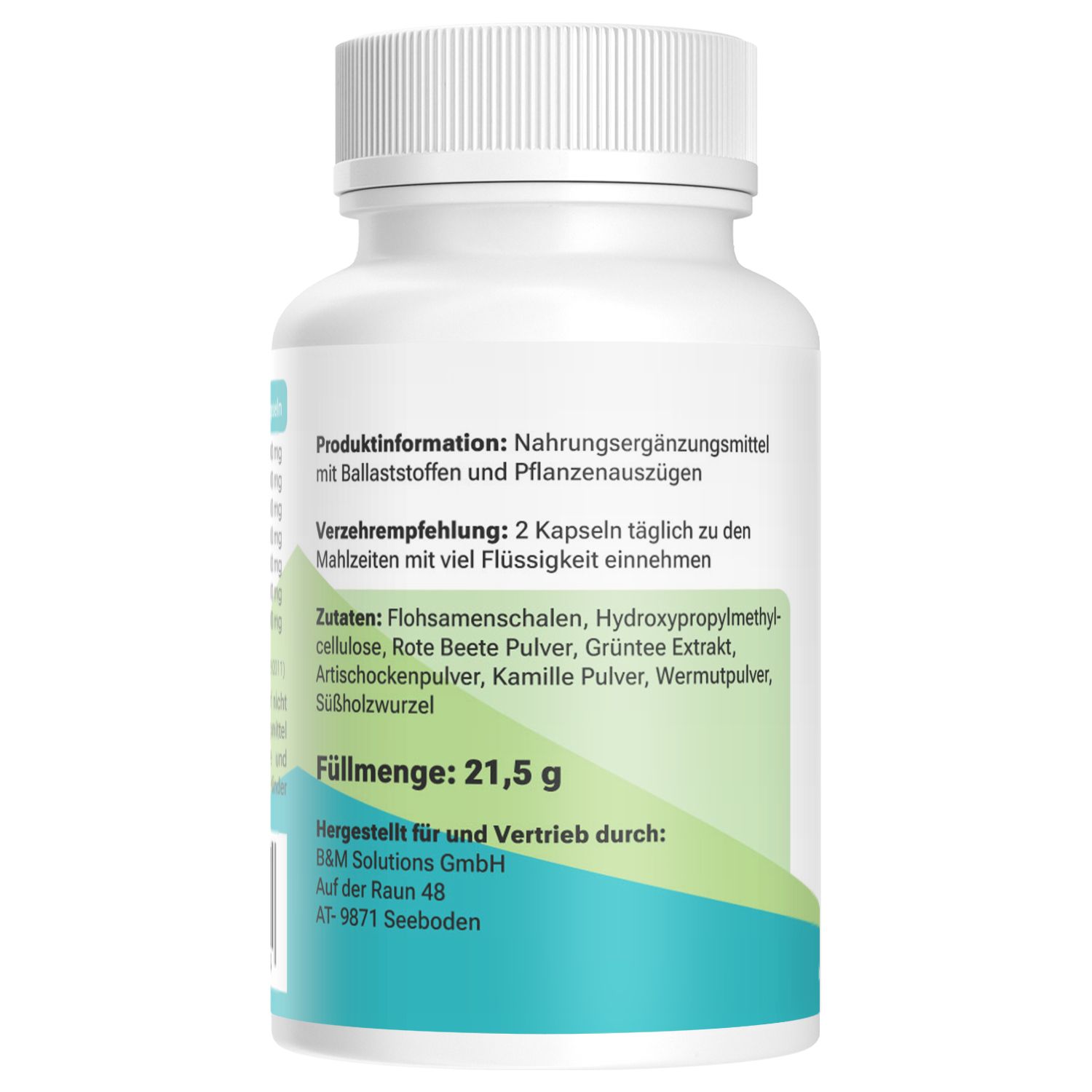 Weiße Flasche mit Kapseln. Aufschrift: Produktinformation, Zutaten, Füllmenge: 21,5 g. Herstellerinformationen.