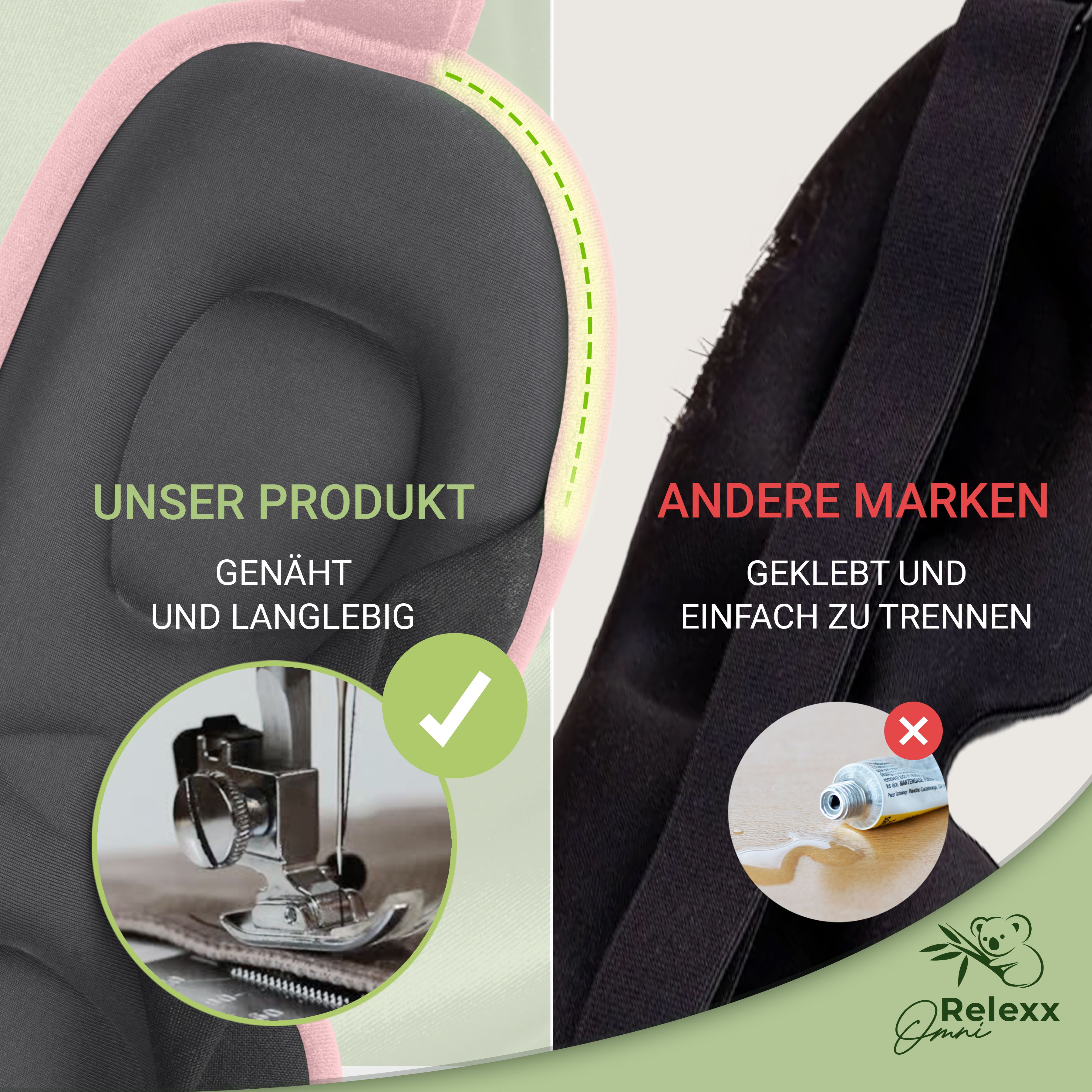 Genähte Schlafmaske vs. geklebte. Text: Unser Produkt genäht und langlebig. Marke OmniRelexx.