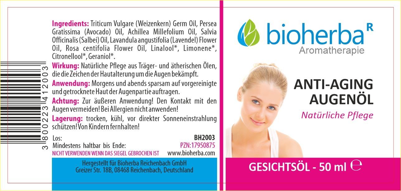 Etikett mit Produktinformationen. Bioherba Anti-Aging Augenöl. Inhaltsstoffe, Anwendungshinweise und Warnhinweise.