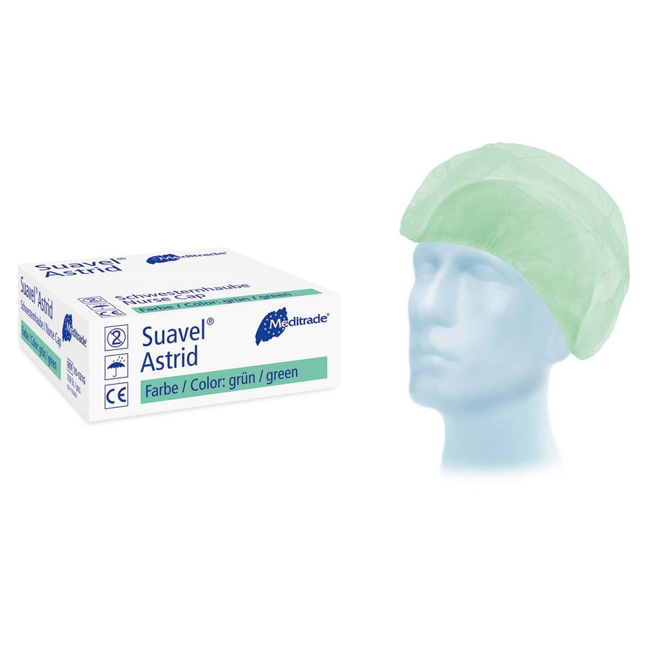 Verpackung und grüne Schwesternhaube aus Vliesstoff auf einem blauen Schaufensterkopf.