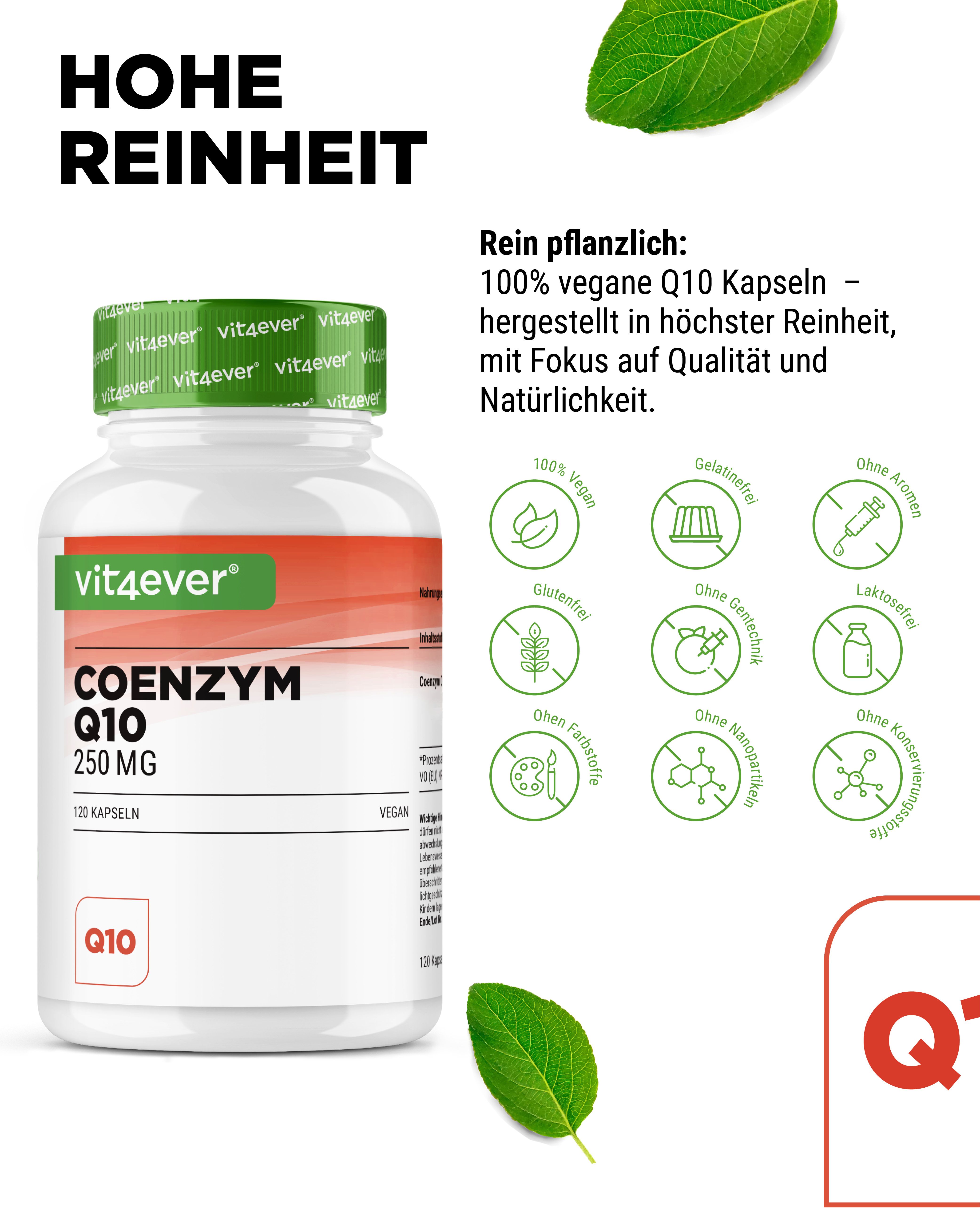 Weiße Flasche mit "vit4ever", "Coenzym Q10 250 MG" und "120 Kapseln". Vegan-Siegel und weitere Siegel.