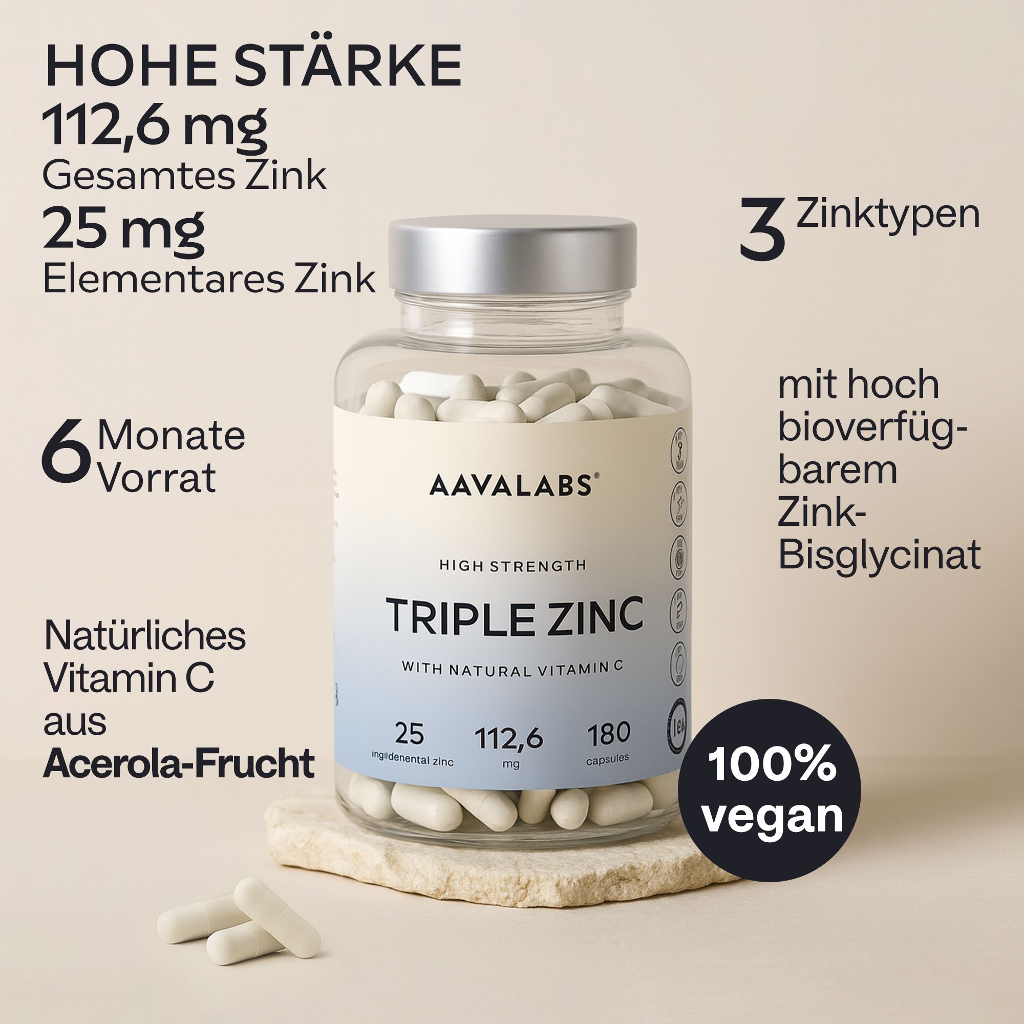 Aavalabs Triple Zinc: 112,6mg Zink, 25mg elementares Zink, 6 Monate Vorrat.