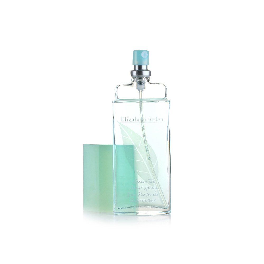Grüner Tee Scent Spray. Flasche mit blauem Zerstäuber und grünem Deckel. Produktbezeichnung und Blatt-Logo.
