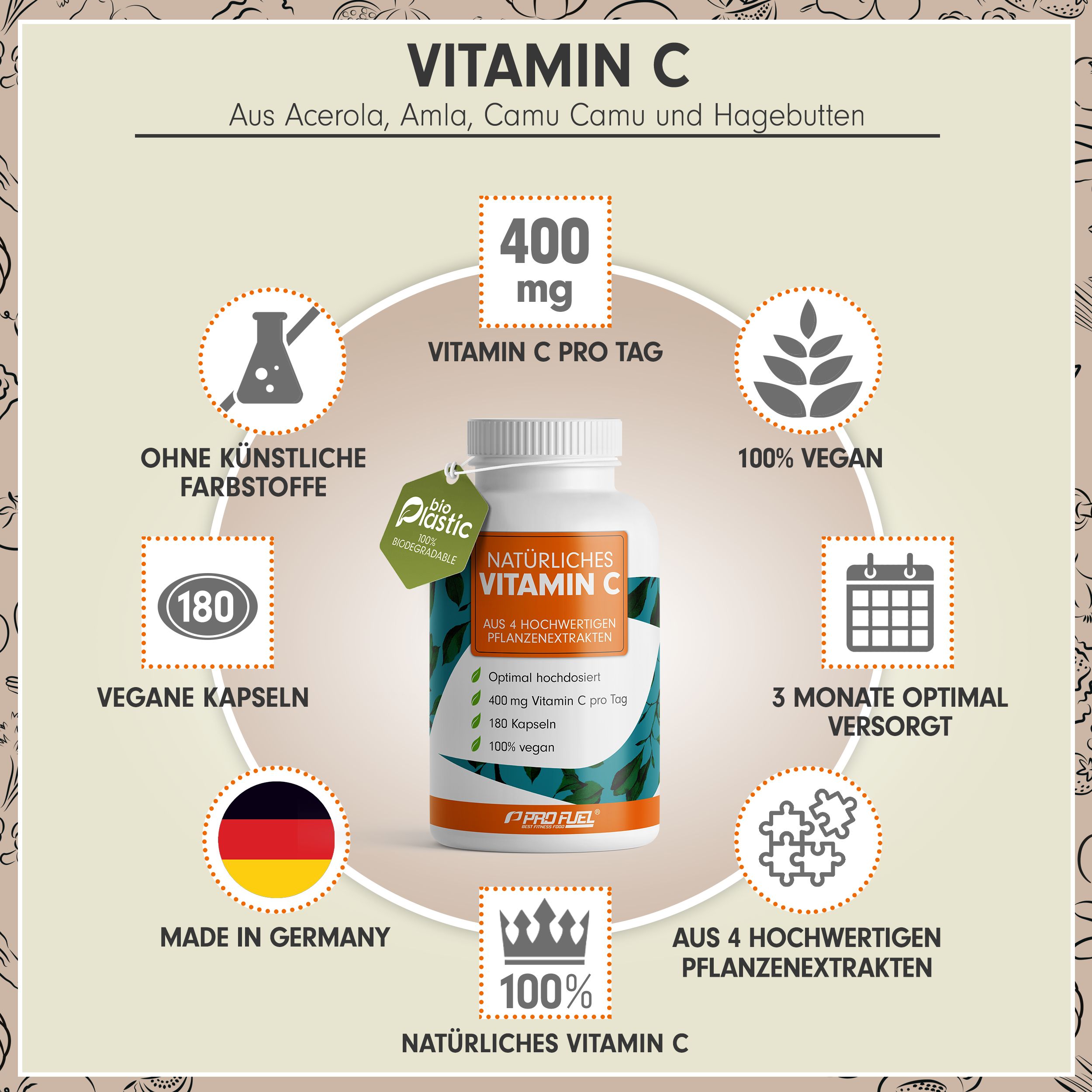 Produktflasche mit Kapseln. Aufschrift: Natürliches Vitamin C. 100% vegan. Hergestellt in Deutschland. 180 Kapseln.