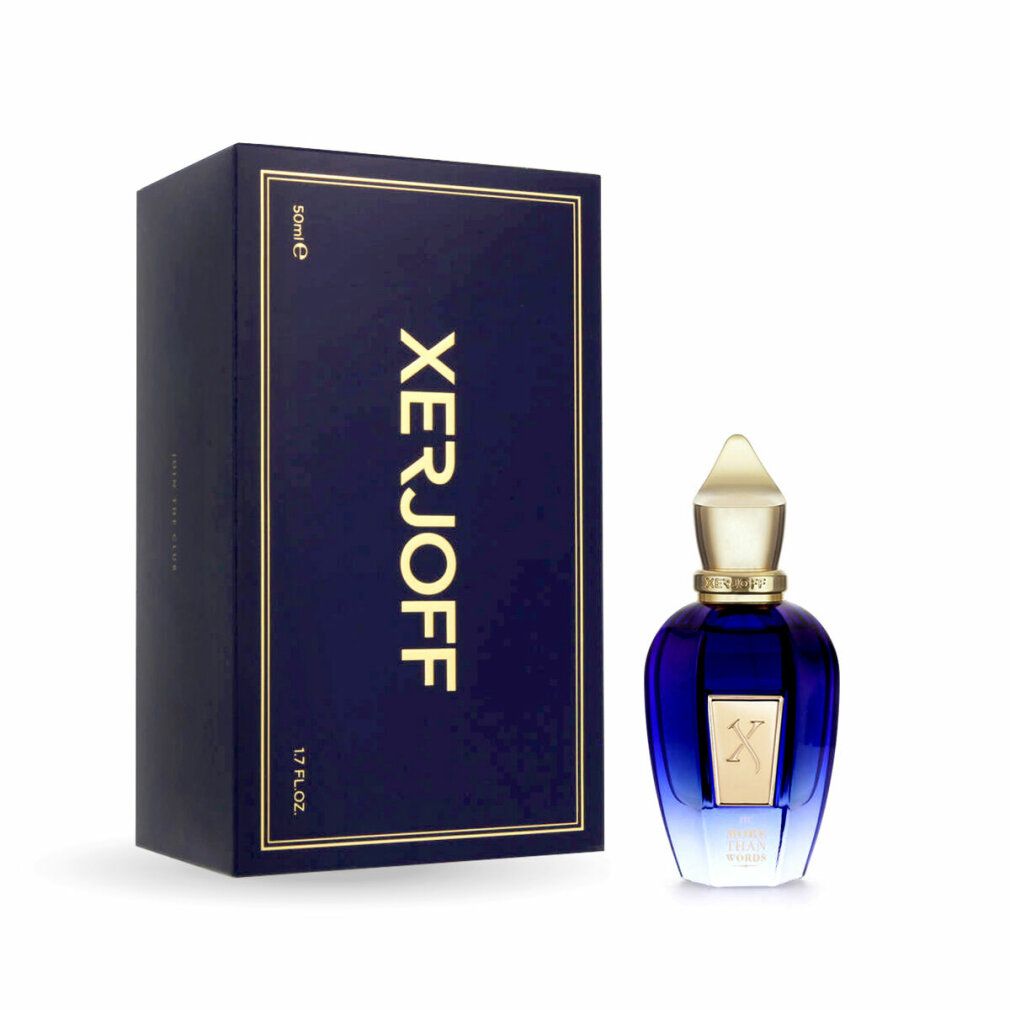 Dunkelblaue Schachtel und Flakon. Aufschrift "XERJOFF". Flakon mit "MORE THAN WORDS" und "X"-Logo.
