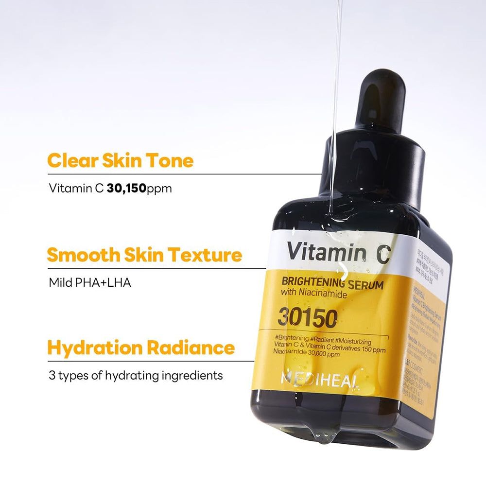 Serumflasche mit schwarzem Deckel. Gelbes Etikett mit Text: Vitamin C, 30150. Tropfen Serum.