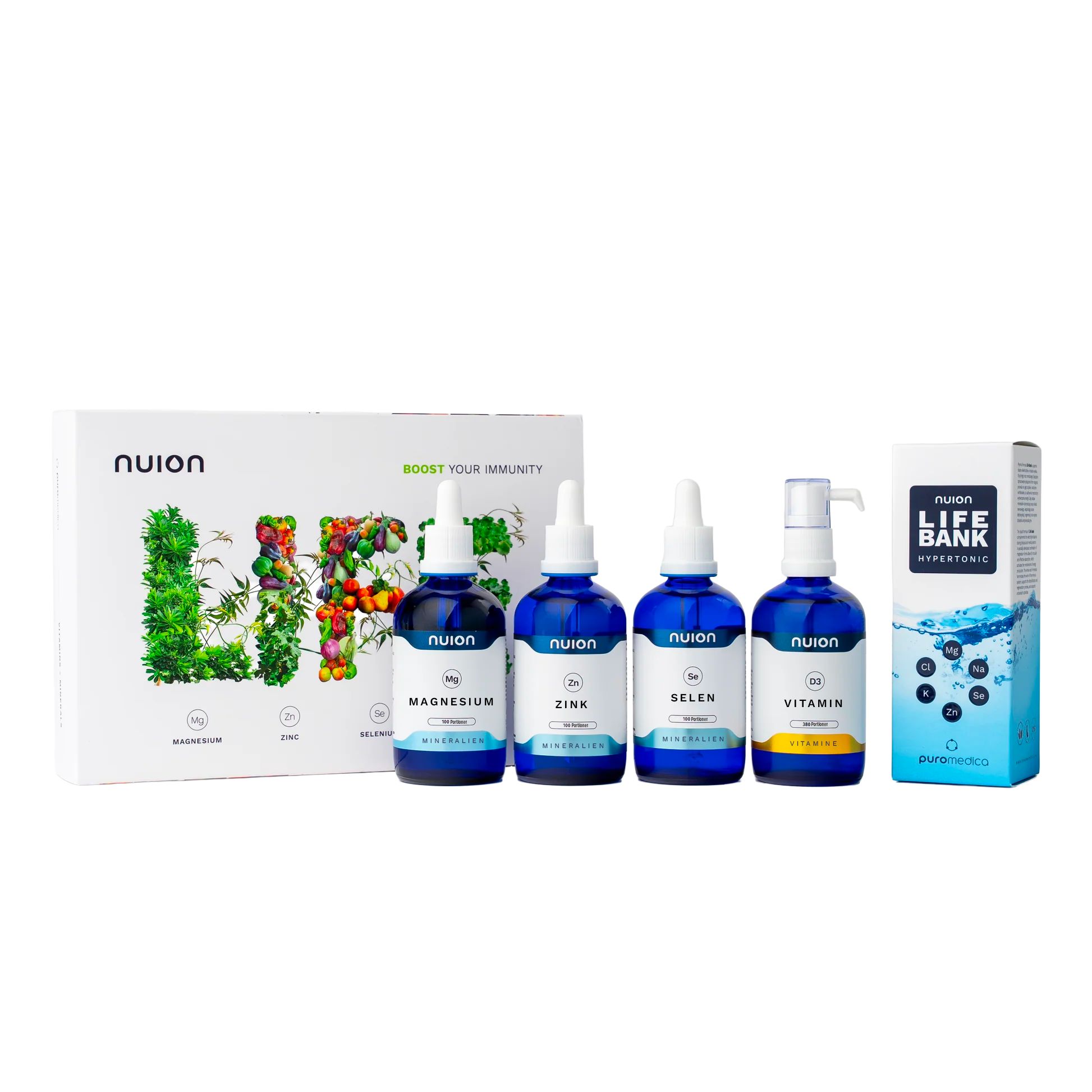Set mit vier nuion Tropfflaschen und einer nuion LIFE BANK Packung.