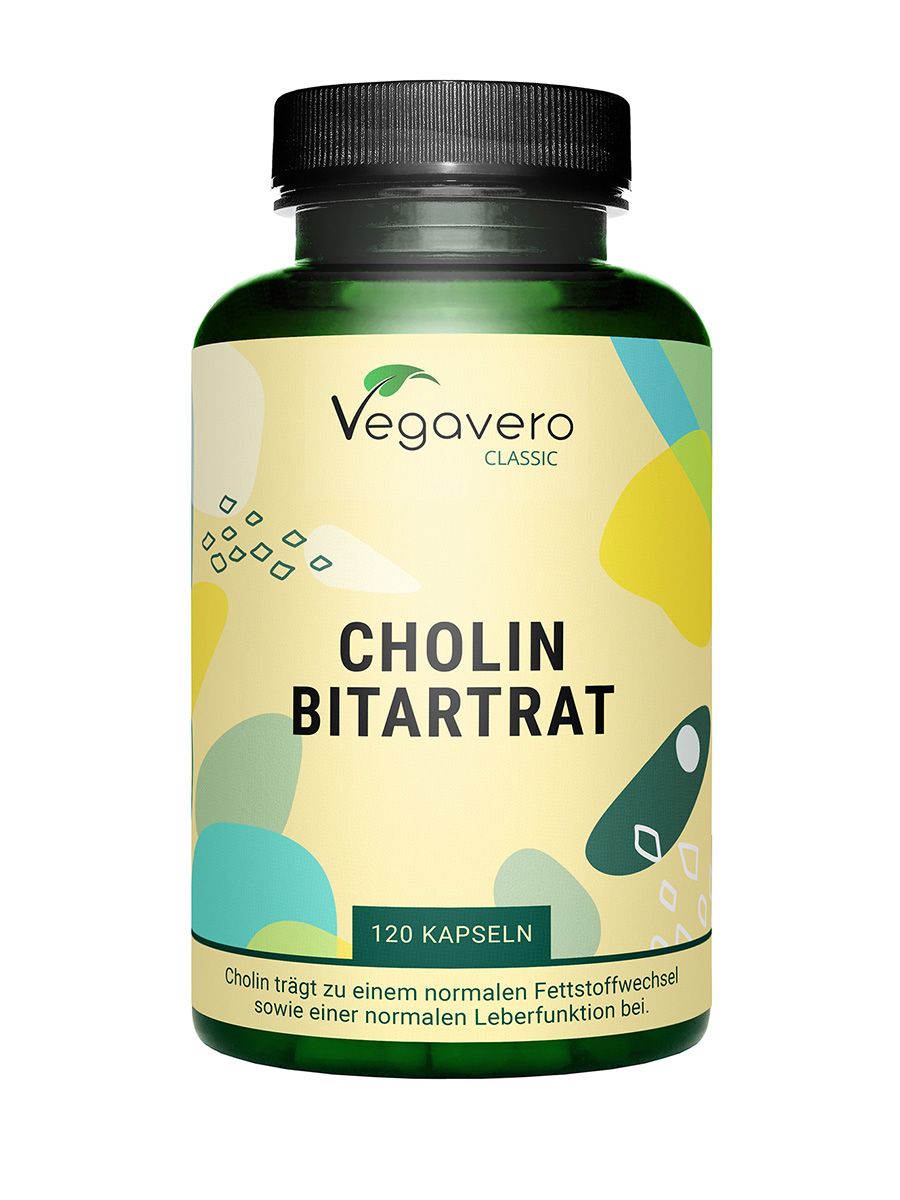 Grüne Flasche mit schwarzem Deckel. Aufschrift: CHOLIN BITARTRAT, 120 Kapseln. Vegavaro Classic Logo. Hintergrund mit bunten Formen.