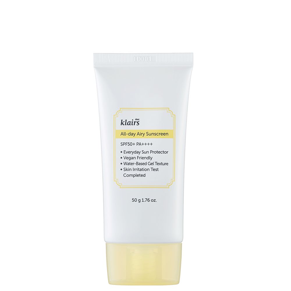 Weiße Tube mit gelbem Verschluss, Klairs All-day Airy Sunscreen, SPF50+ PA++++, 50g.