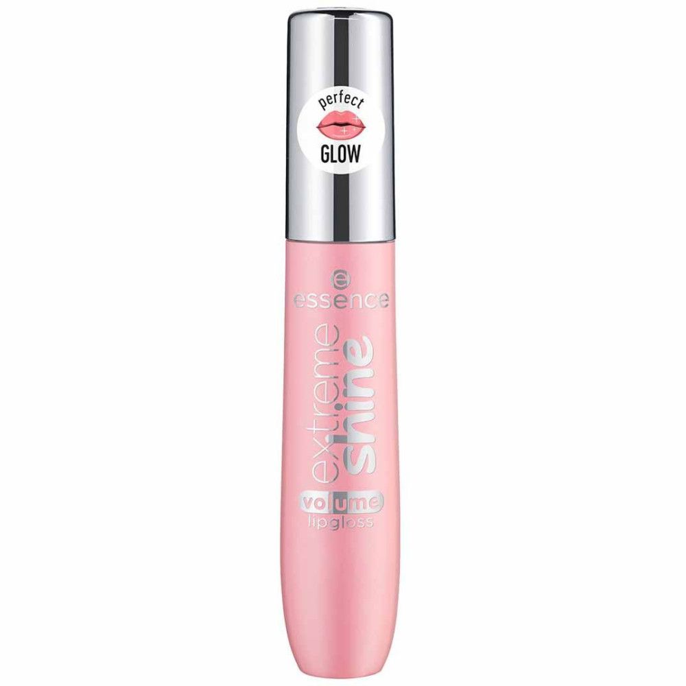 Rosa Lipgloss-Tube mit silbernem Deckel. Aufkleber mit Lippen-Illustration und Schriftzug 'perfect glow'. Schriftzug 'extreme shine volume lipgloss'.