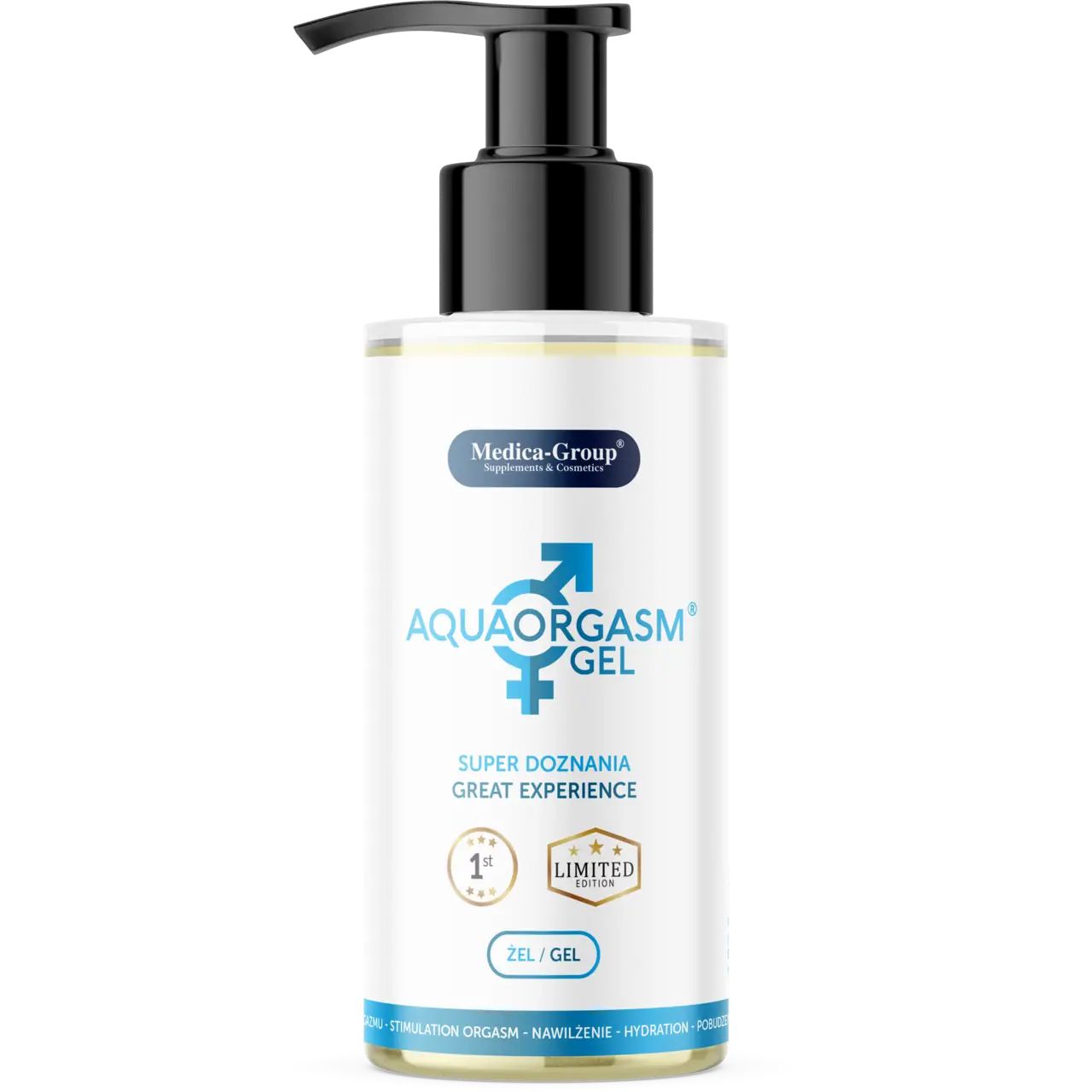 Transparente Flasche mit schwarzem Pumpkopf. Produktname und Logo. Text: Aqua Orgasm Gel, Super Doznania, Great Experience, 1st, Limited Edition.