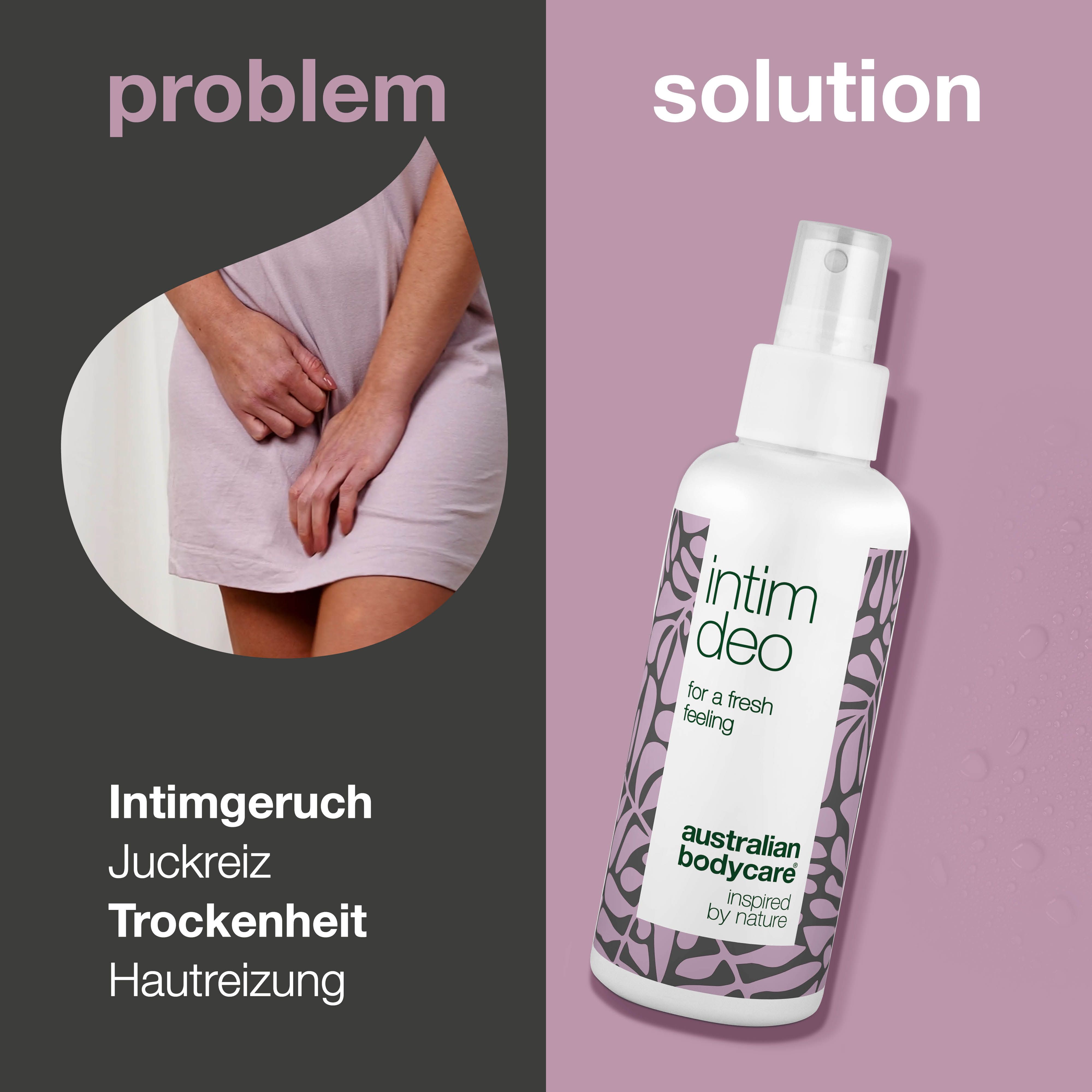 Produkt- und Problem-Lösung-Anzeige. Intimdeo-Spray. Text: Intimgeruch, Juckreiz, Trockenheit, Hautreizung.