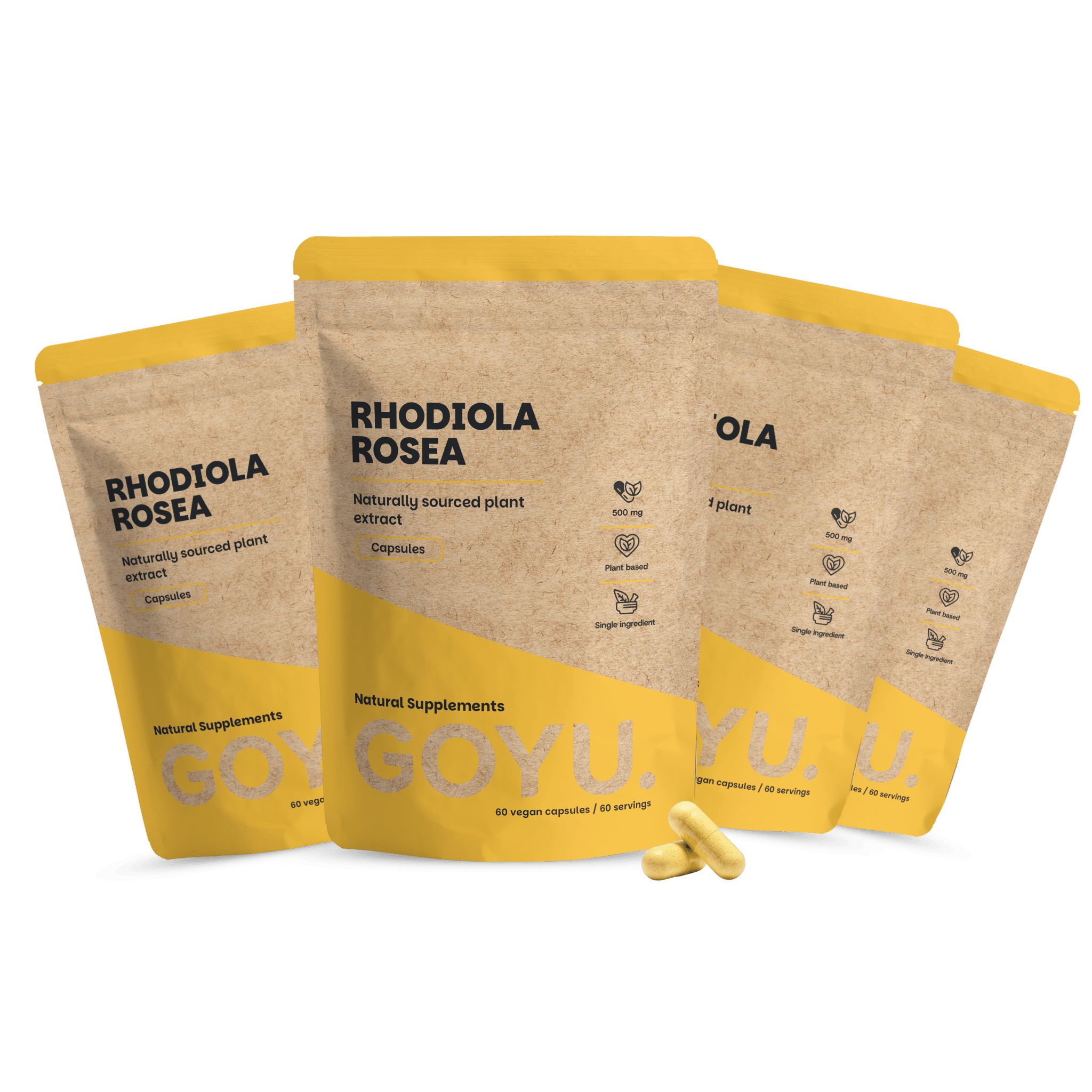 Vier Beutel Rhodiola Rosea Extrakt Kapseln. Braune Beutel mit gelbem Aufdruck.