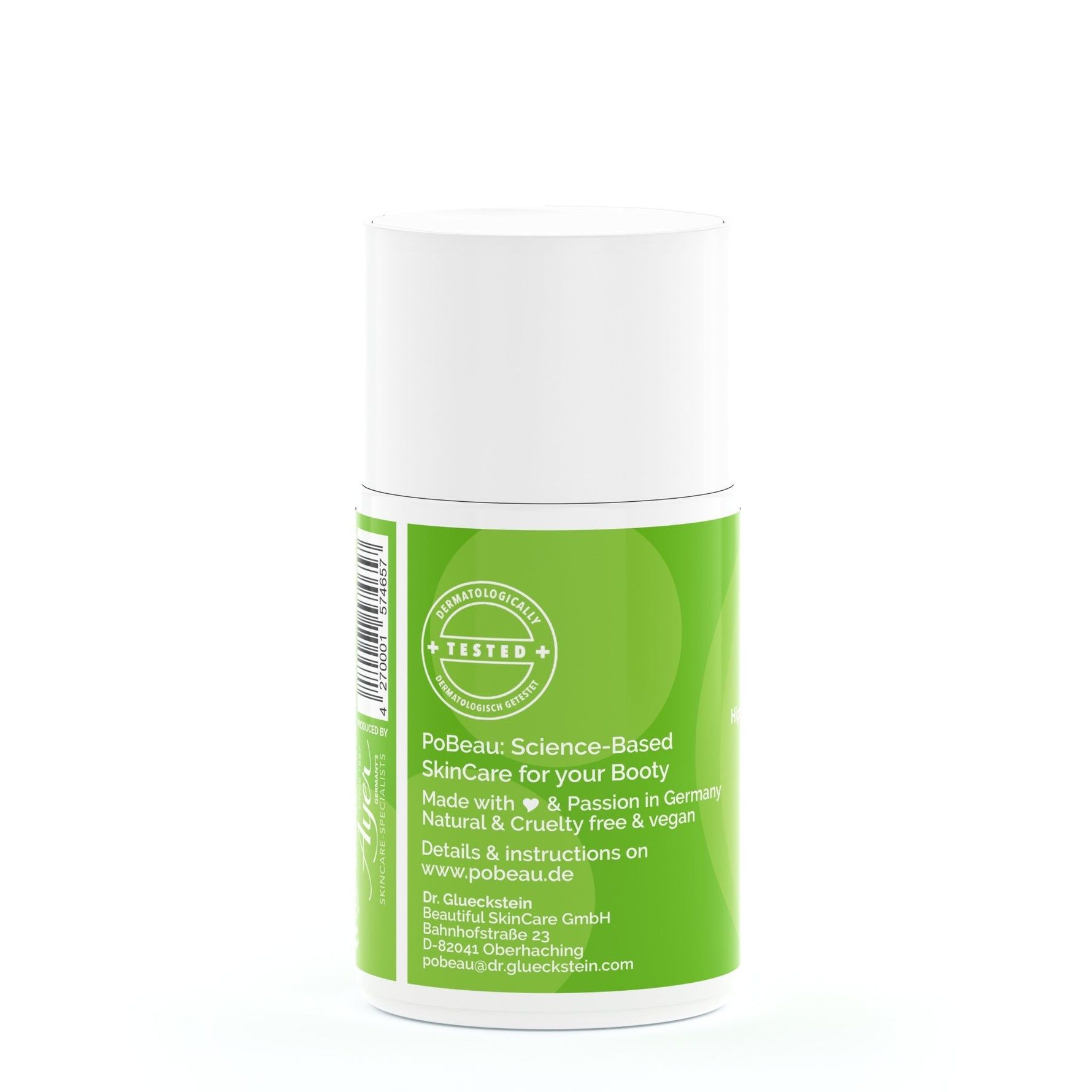 Weißer Zylinder mit grünem Etikett. Aufschrift: Pobeau, Science-Based SkinCare, Made in Germany, dermatologisch getestet.