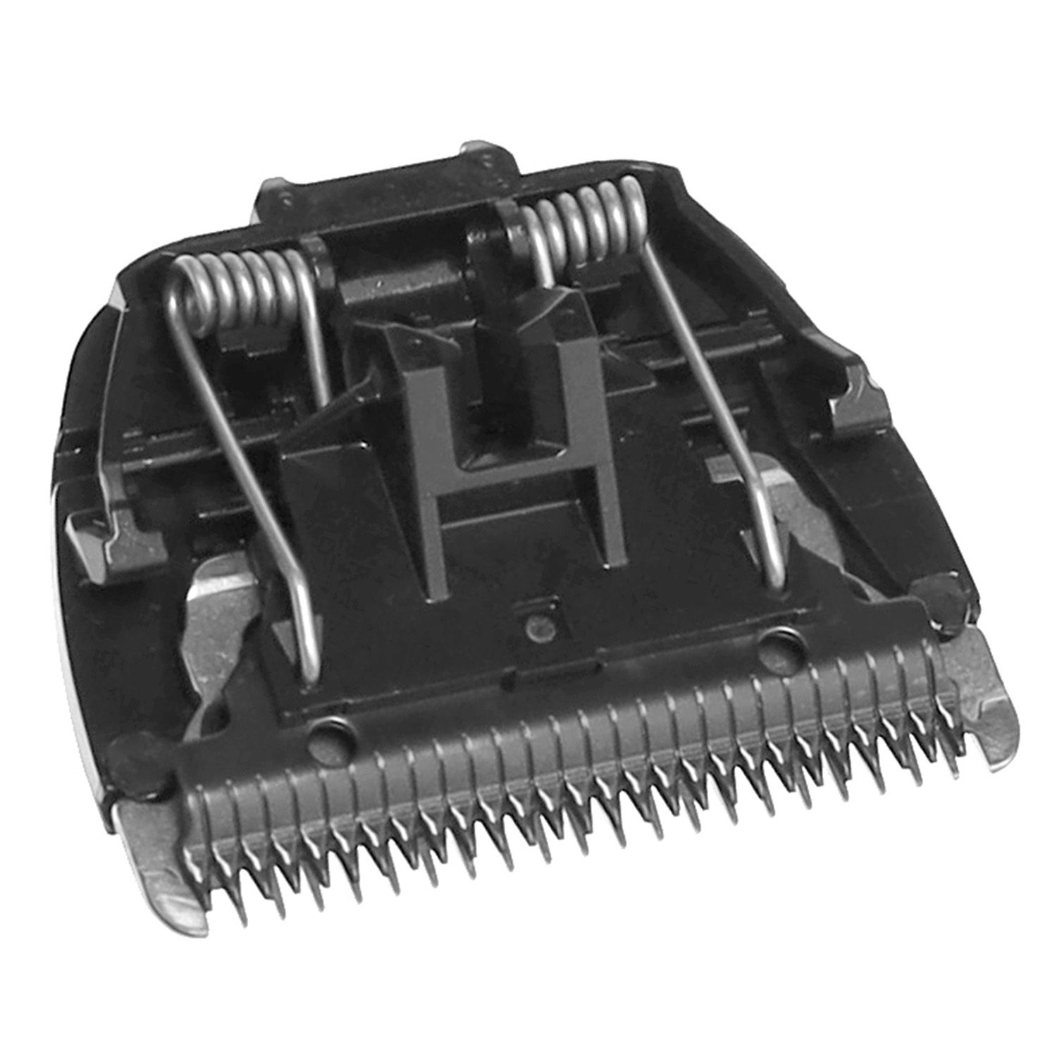 Trimmerkopf mit Metallklingen und Federn. Schwarzer Kunststoffrahmen. Detailansicht der Innenseite für Herren-Haarentfernung.