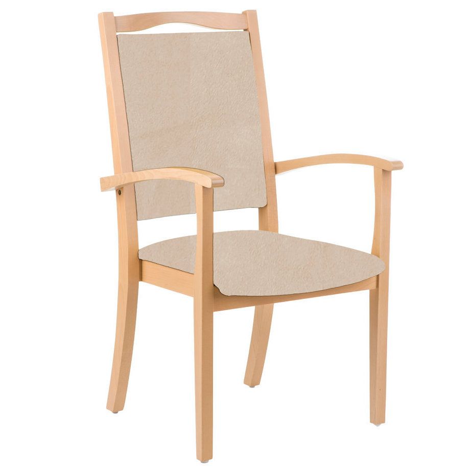 Seniorenstuhl Alexander Hochlehner mit Armlehnen. Holzrahmen, beige Sitzfläche und Rückenlehne.