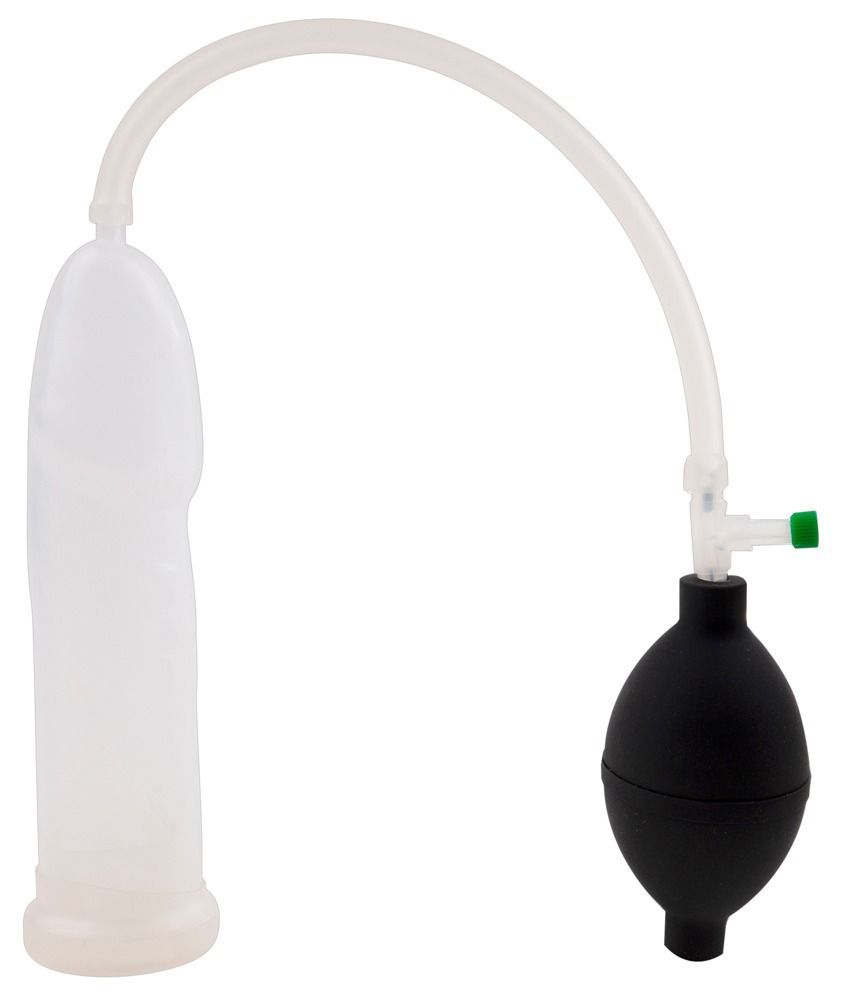 Anatomische Penis Pumpe mit transparentem Zylinder, schwarzem Balg und Schlauch.